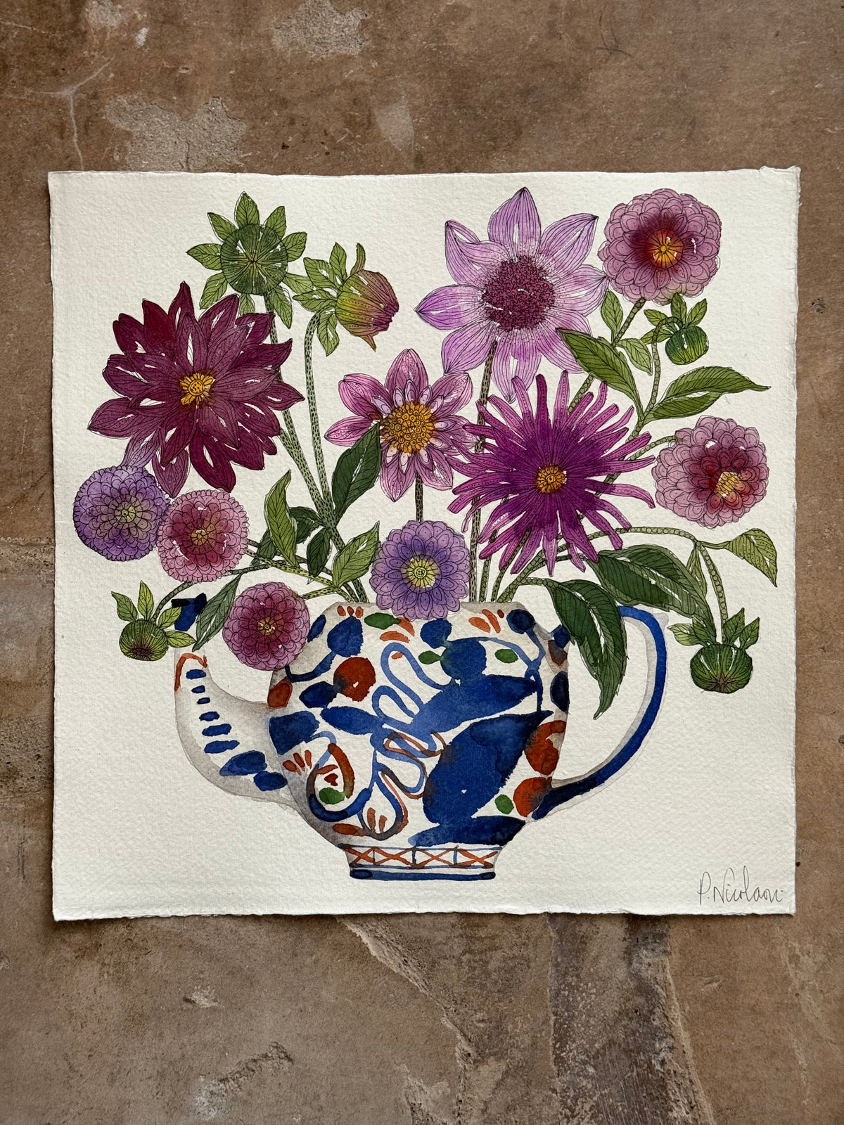 Large, Original Watercolour Dahlias in a Teapot