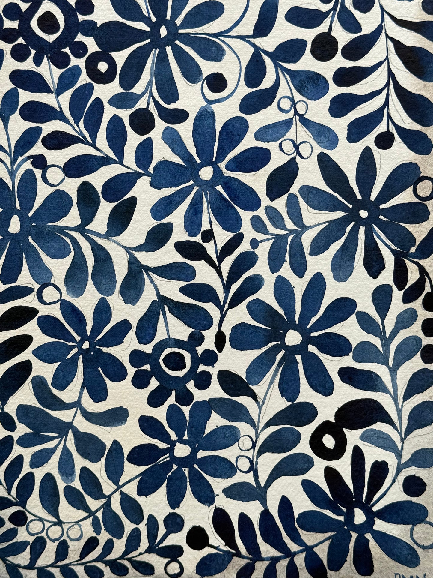 Original, A3 Blues & Indigo Flower Pattern Painting