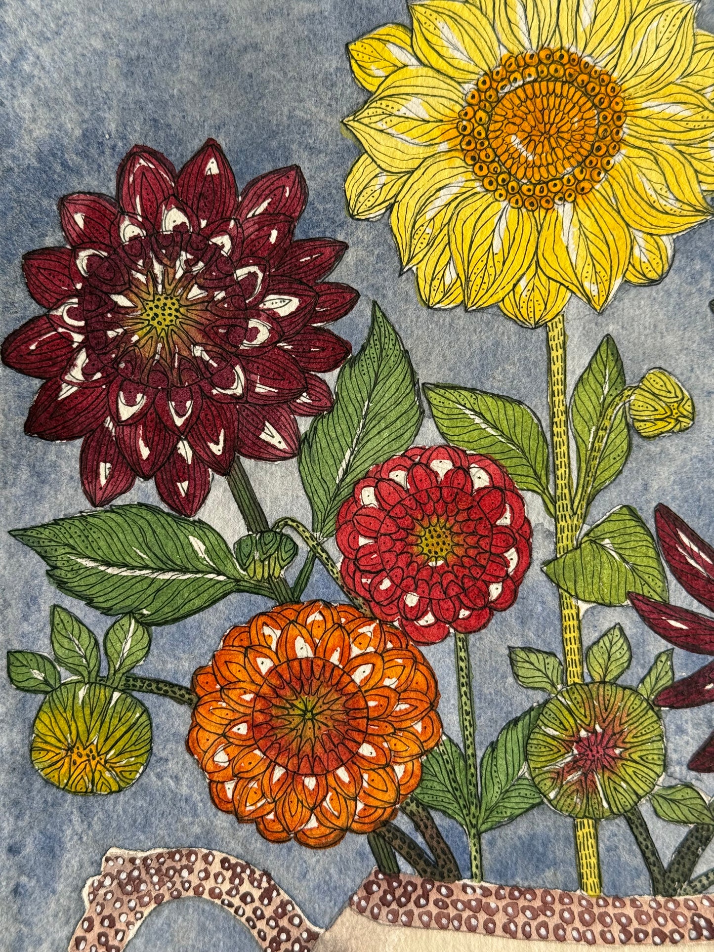 Original, A4 Watercolour Dahlias in a patterned Teapot