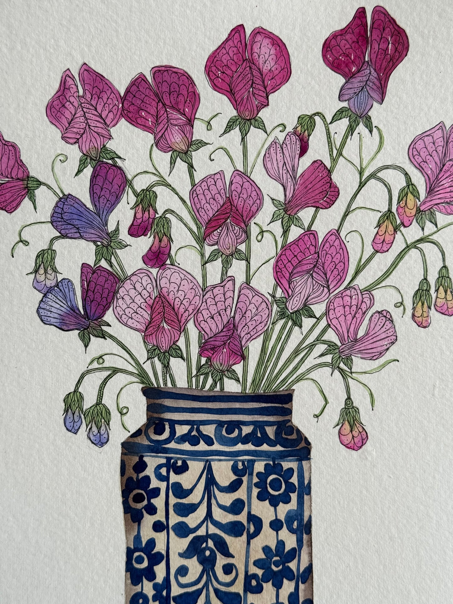 Original Watercolour Painting of Sweetpea Flowers in a Vase