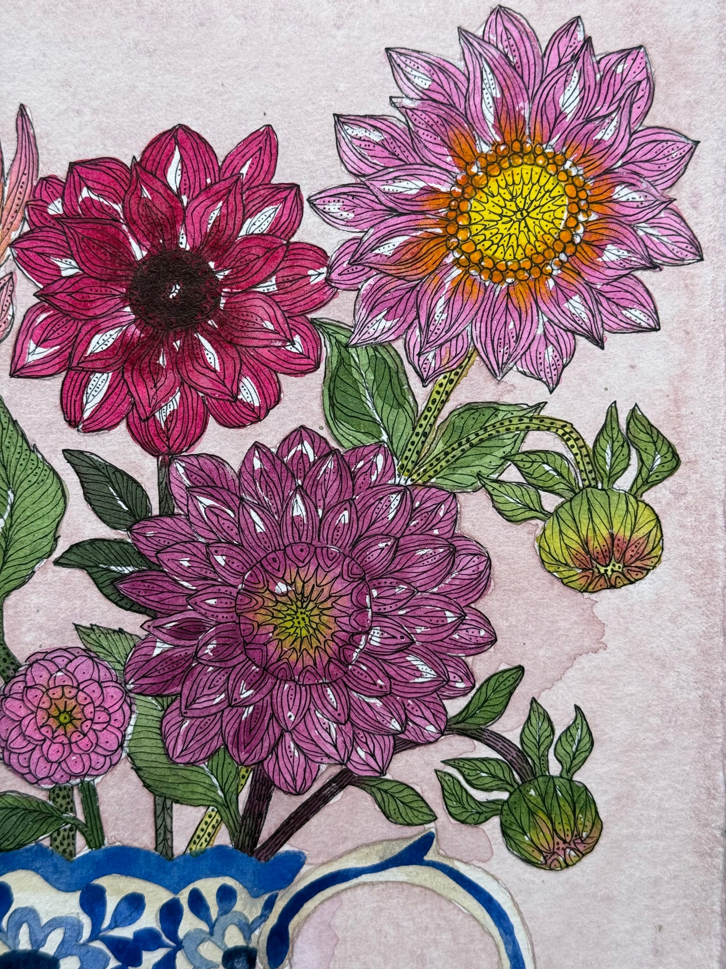 Original, A4 Watercolour painting of Dahlias in a Ceramic Vase