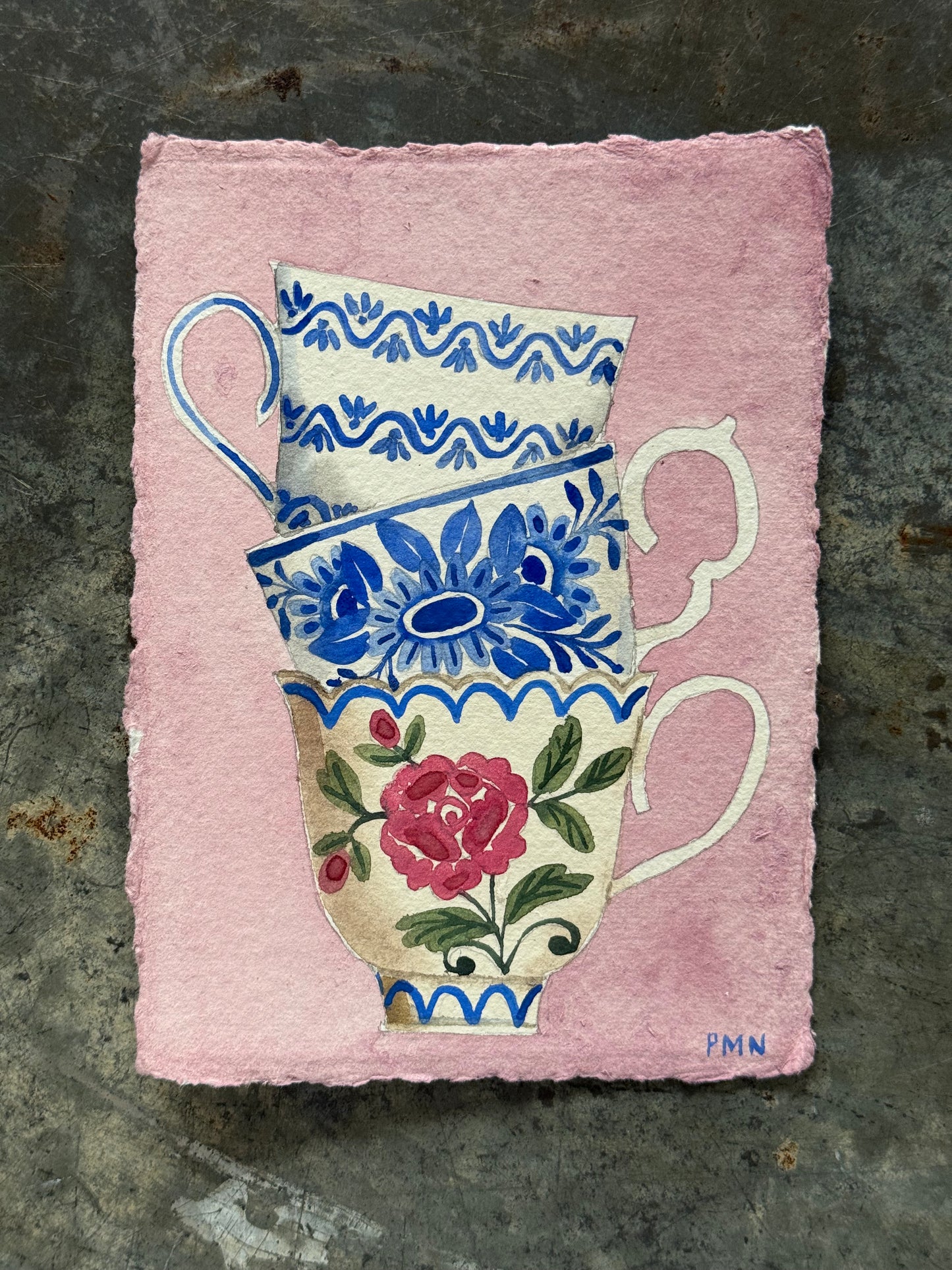 A6, Original, Watercolour Stacked Teacups (e)