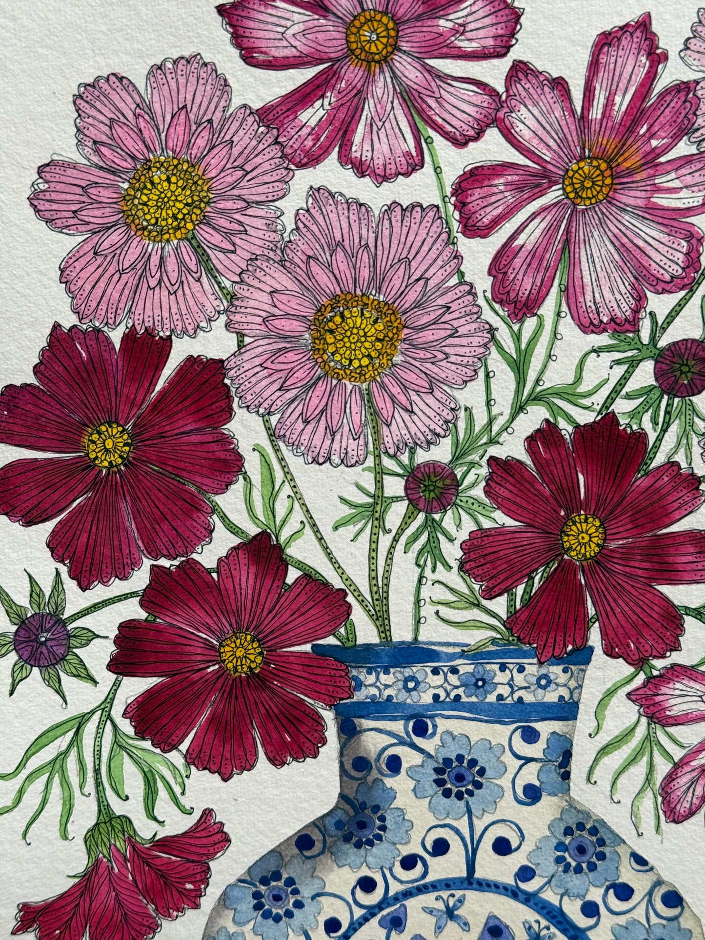 Original, A4 watercolour painting of Cosmos in a delft vase