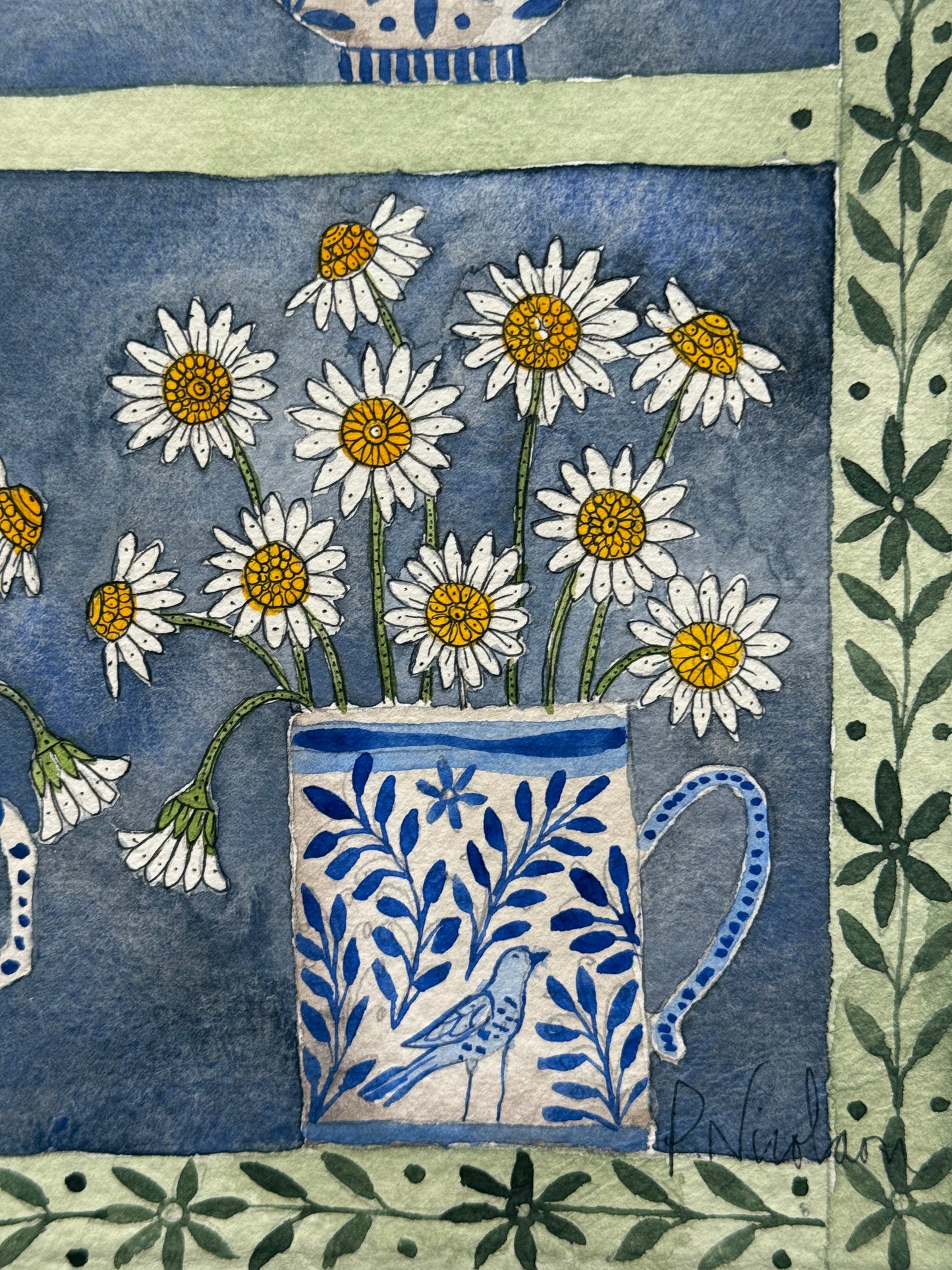 Original, A3 Watercolor painting of Daisy flowers in delftware.