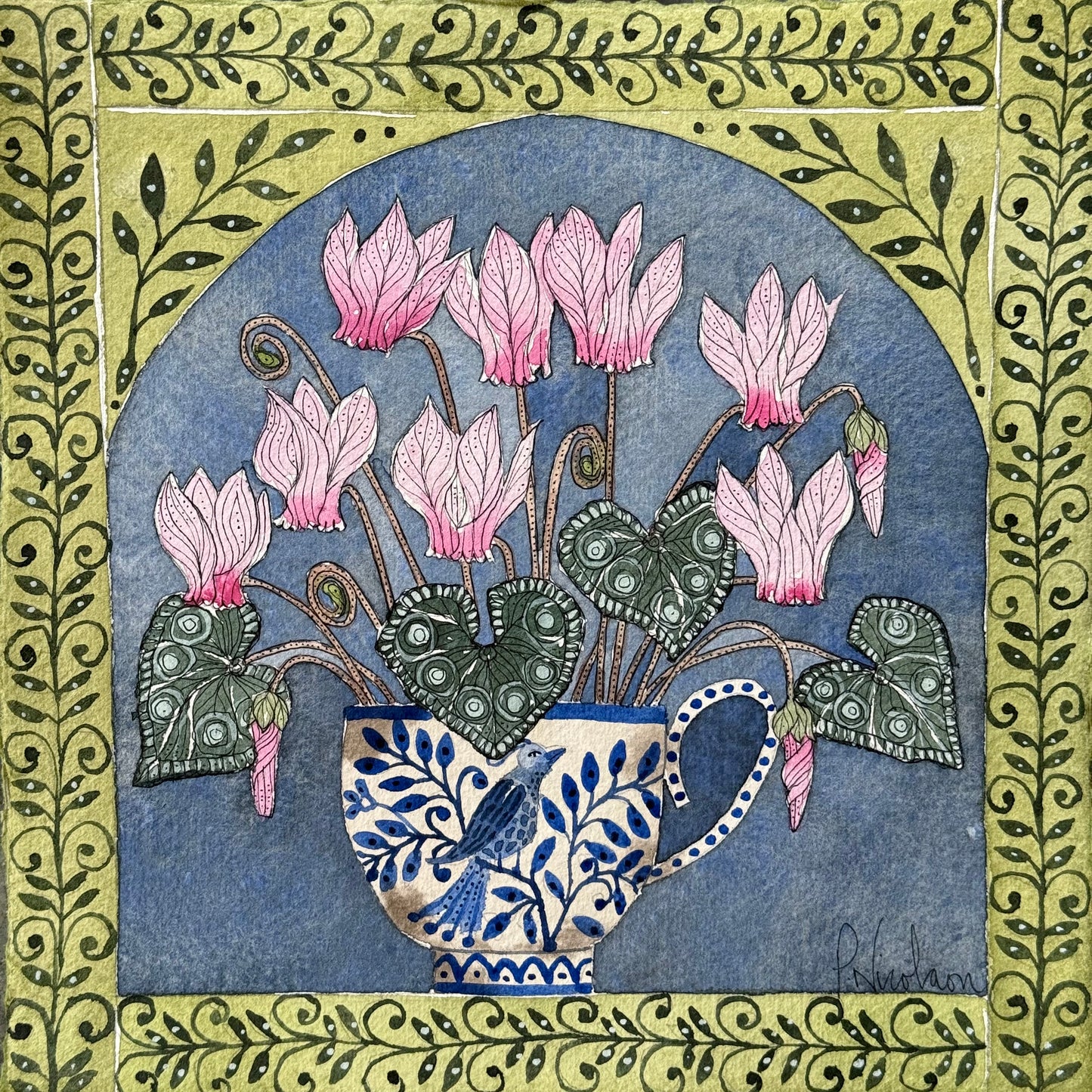 Original, Watercolour Cyclamen flowers in a Delft Teacup.