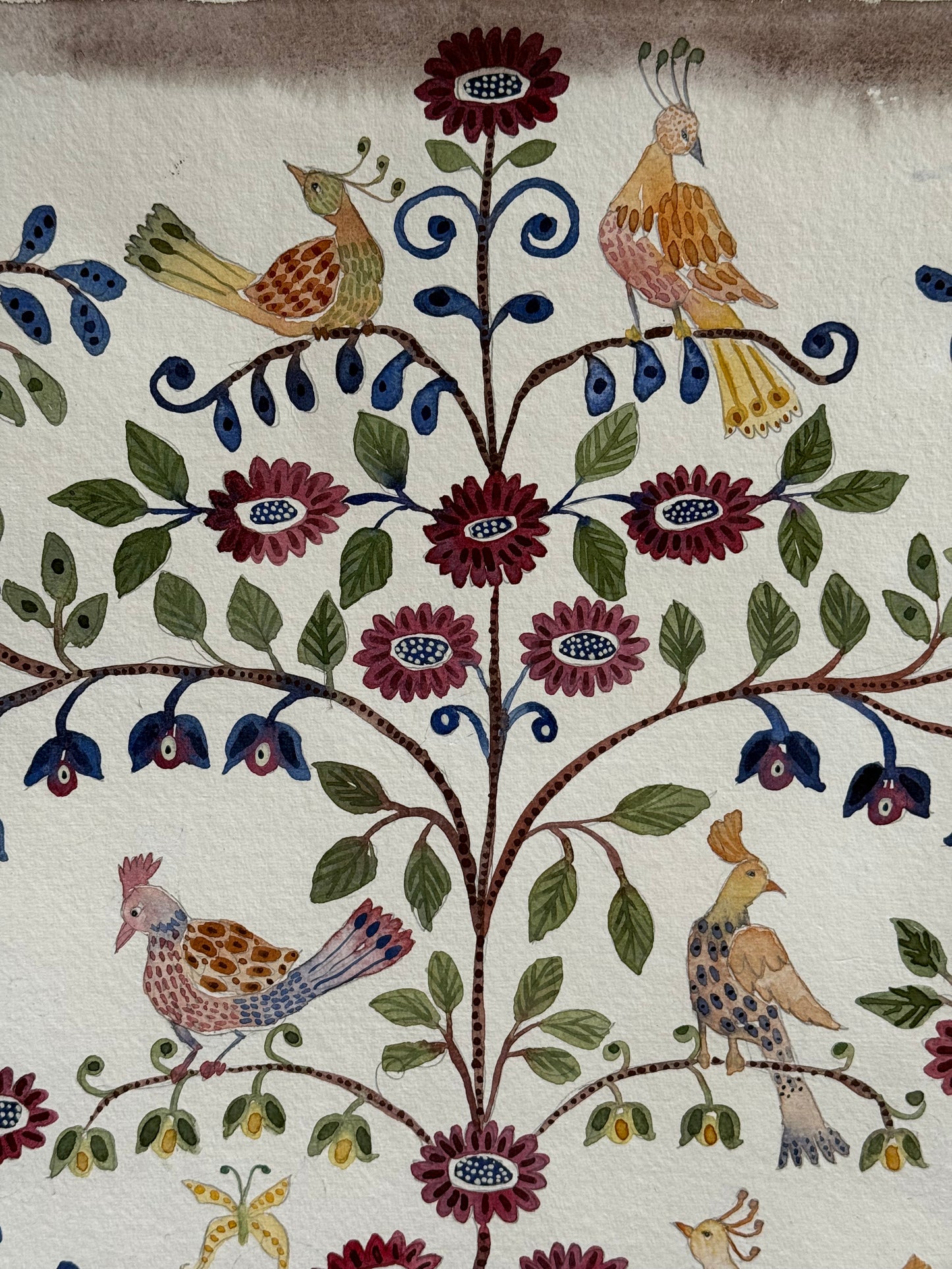 Original, Tall, Watercolour Floral & Bird Pattern Piece