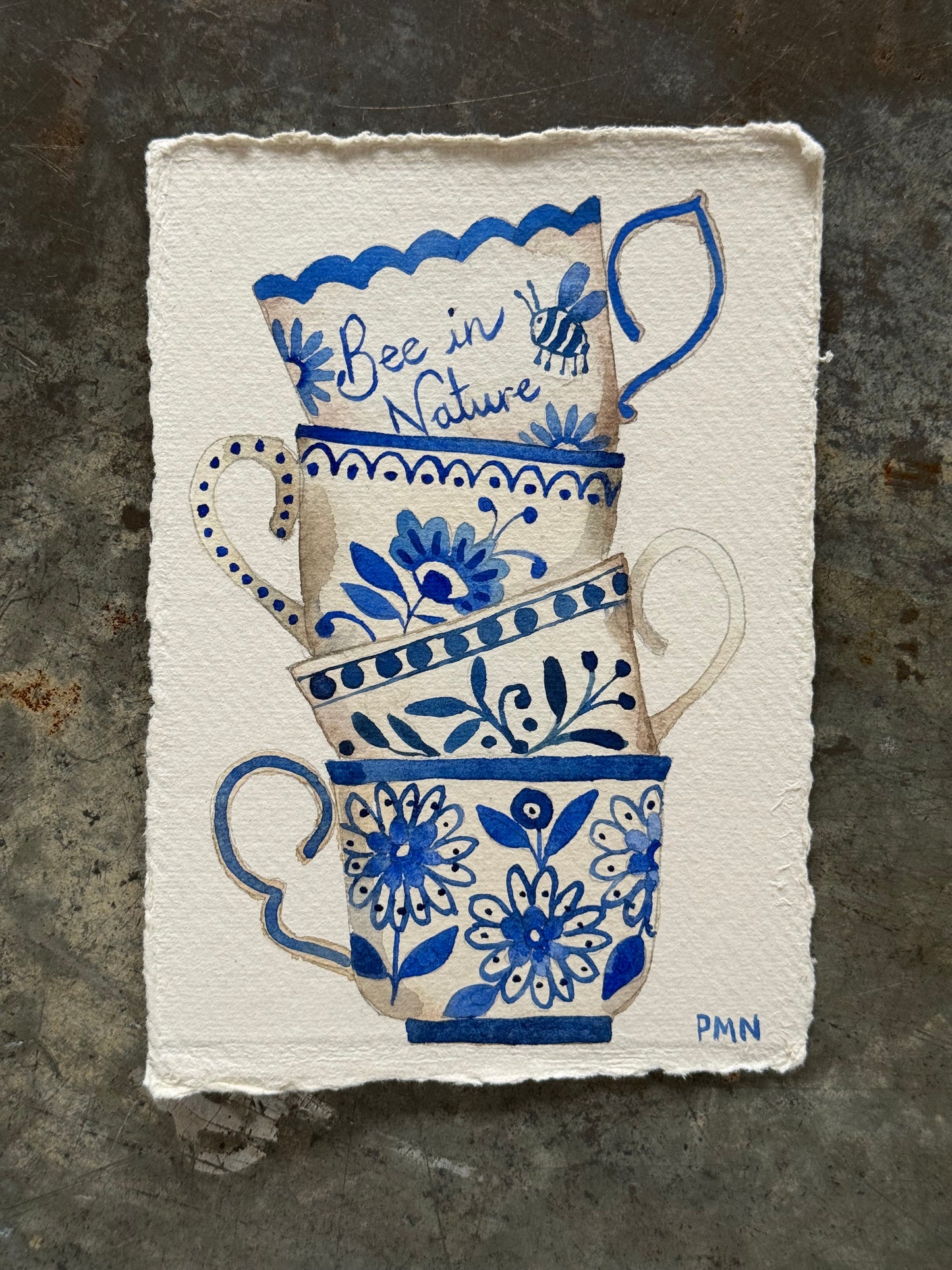 A6, Original, Watercolour Stacked Teacups (g)