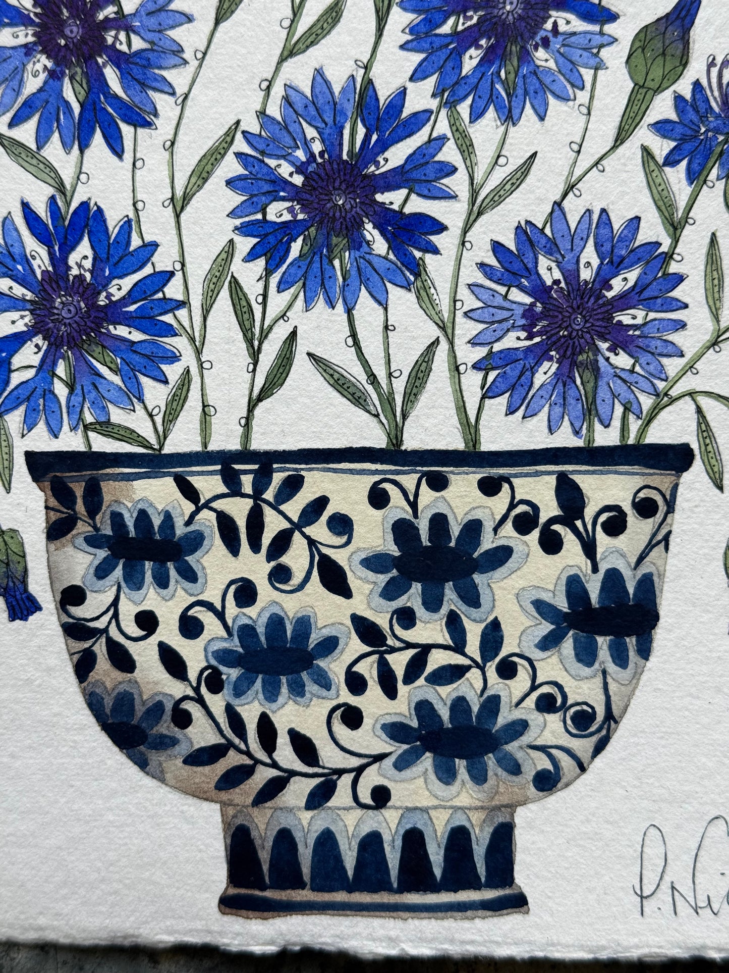 Original, A5, watercolour painting of Cornflowers in a little patterned Pot