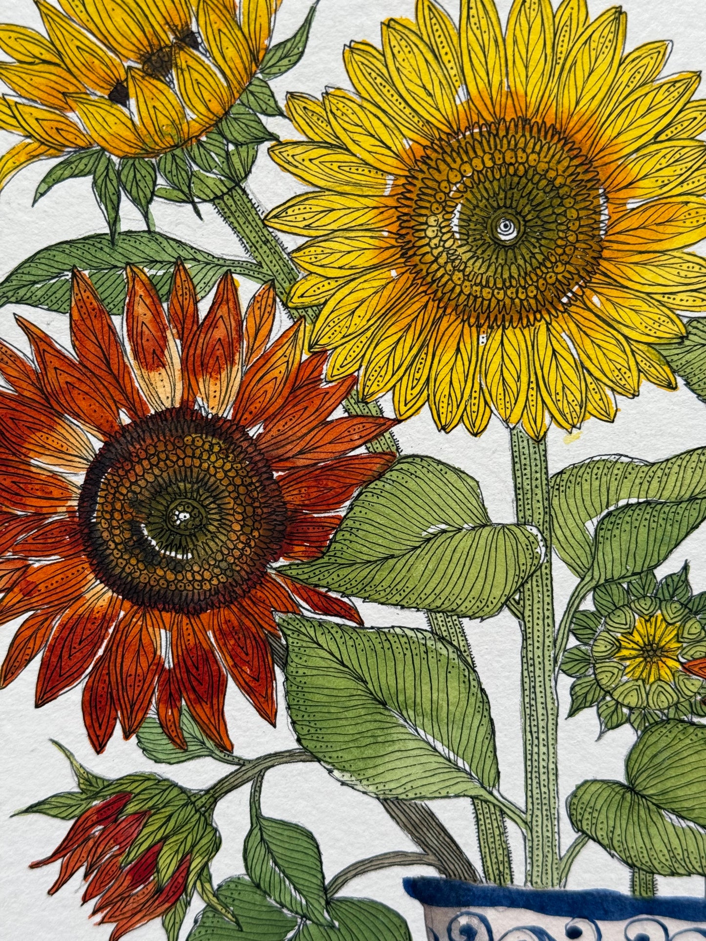 Original, A4 watercolour painting of Sunflowers in a blue & white Ceramic Vase