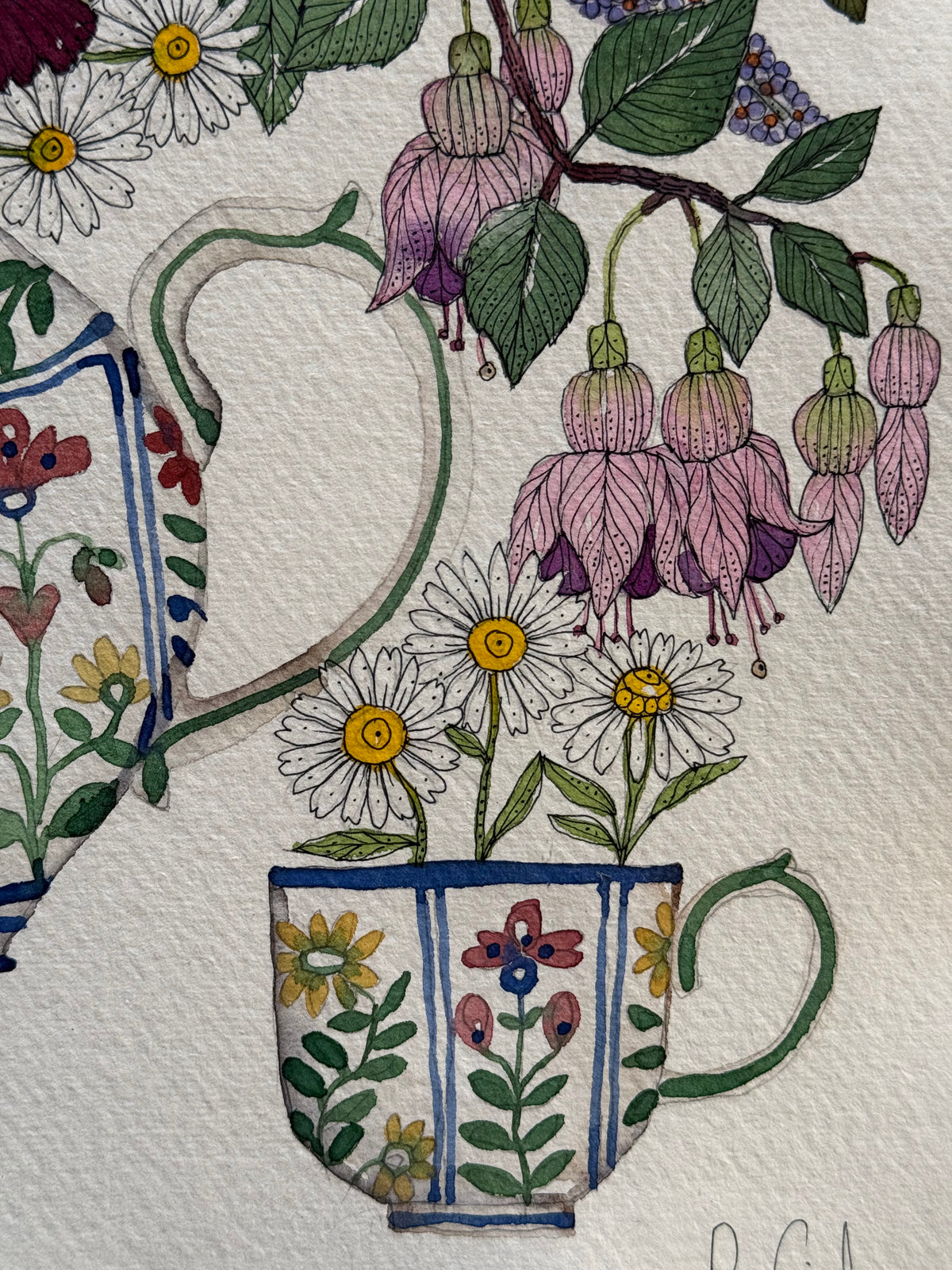 Large, Original Watercolour a Flowers in a matching Tea-set.