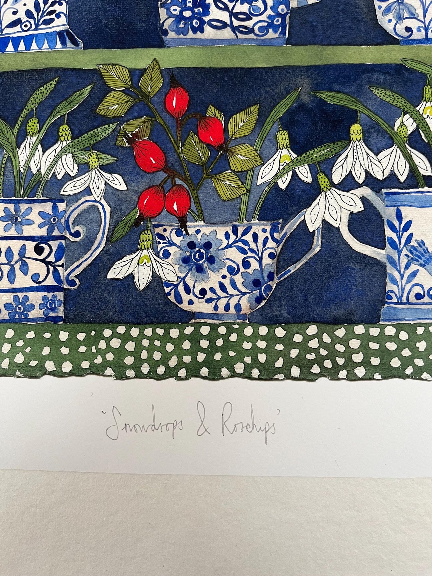 A3, giclee print of watercolour and ink snowdrops & Rosehips in delftware, ceramic teacups displayed in a patterned plant Theatre.