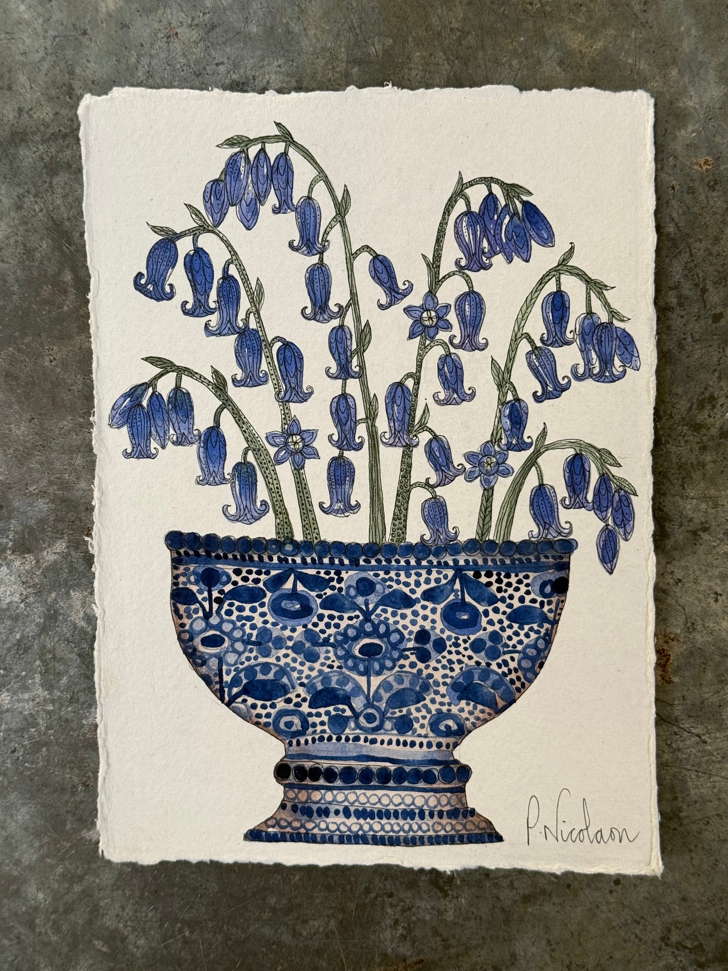 Original watercolour & ink bluebells in a blue & white ceramic vessel.