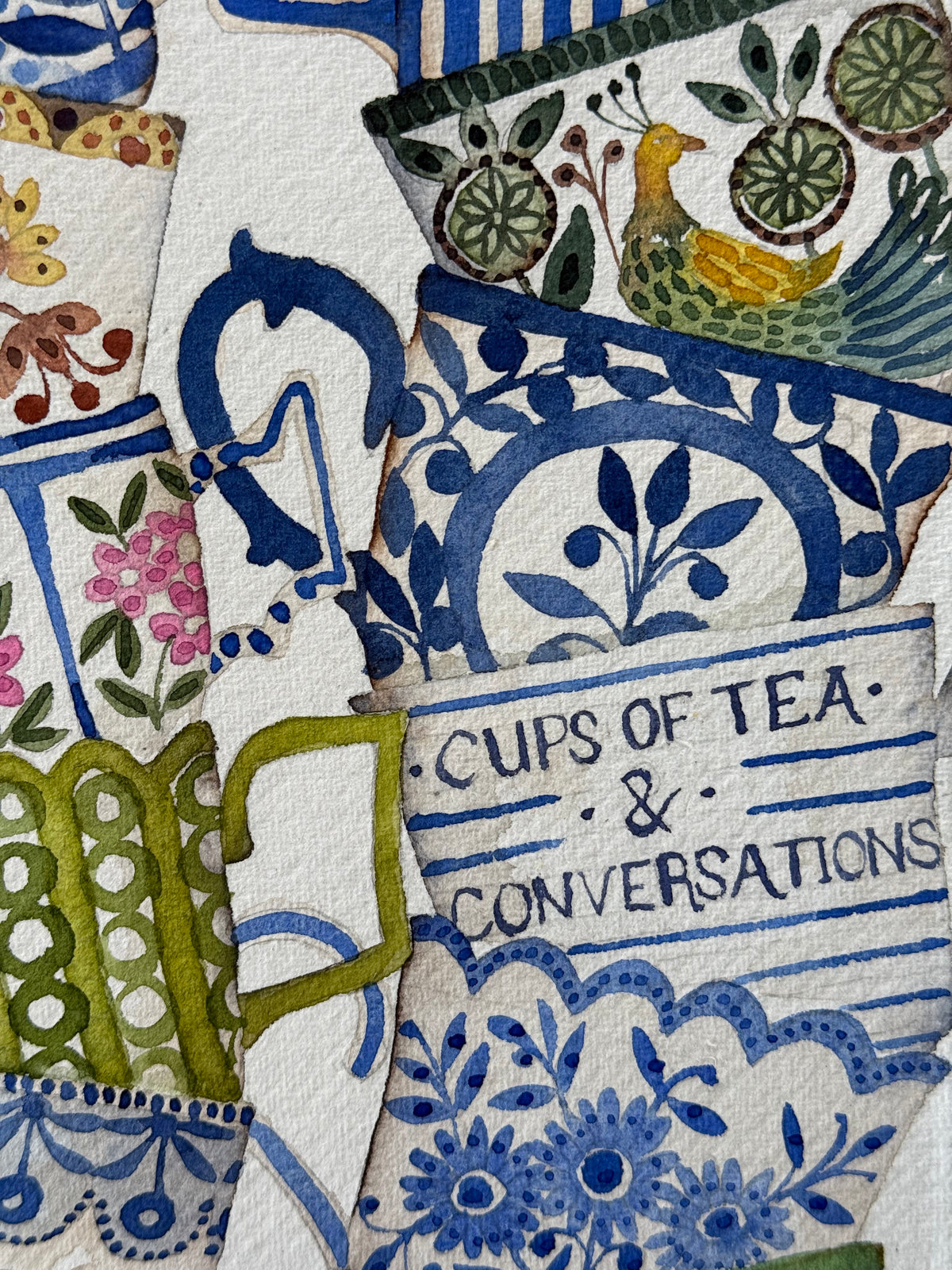 A4, Original Watercolour Stacked Teacups & Conversations