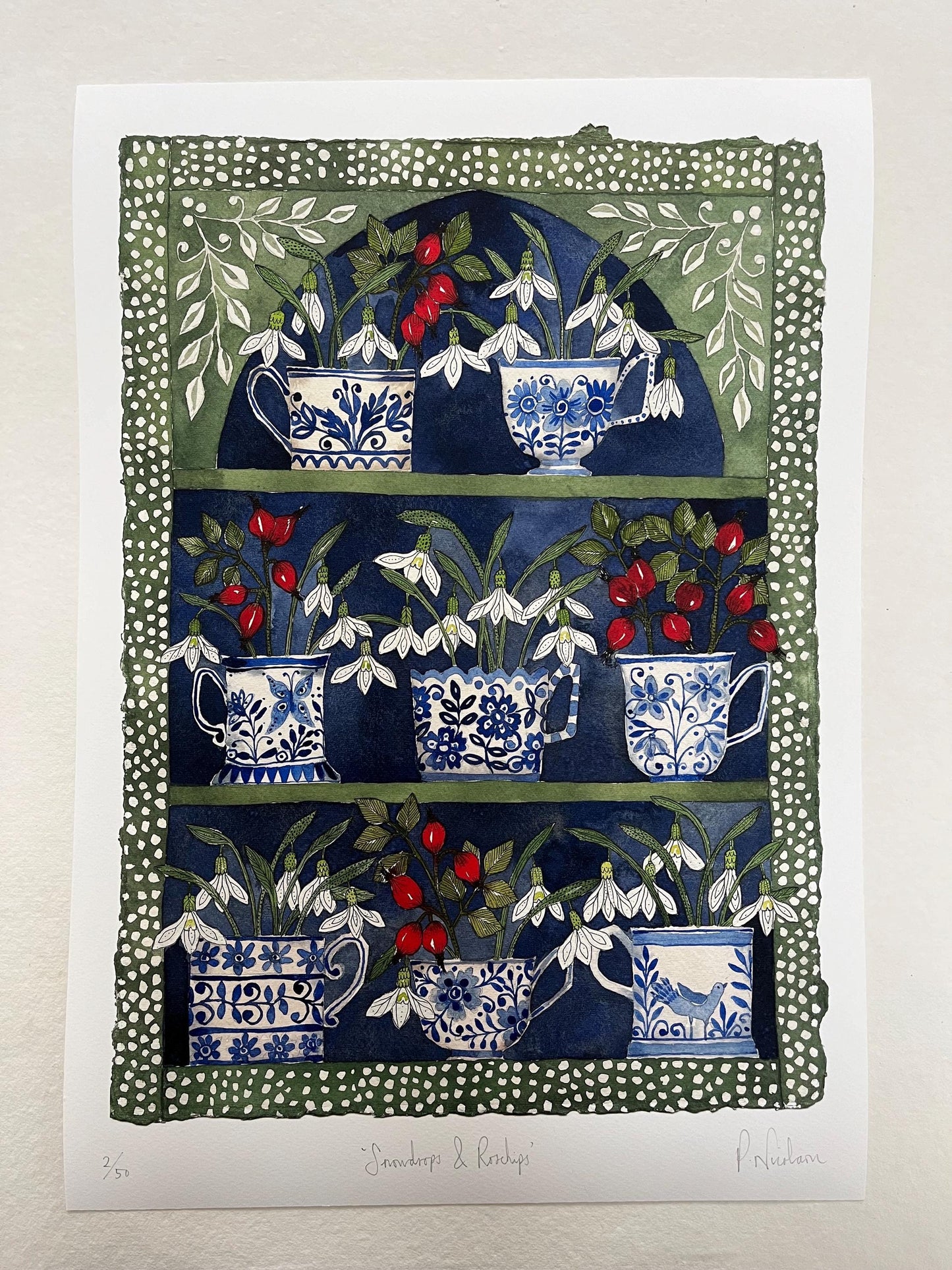 A3, giclee print of watercolour and ink snowdrops & Rosehips in delftware, ceramic teacups displayed in a patterned plant Theatre.