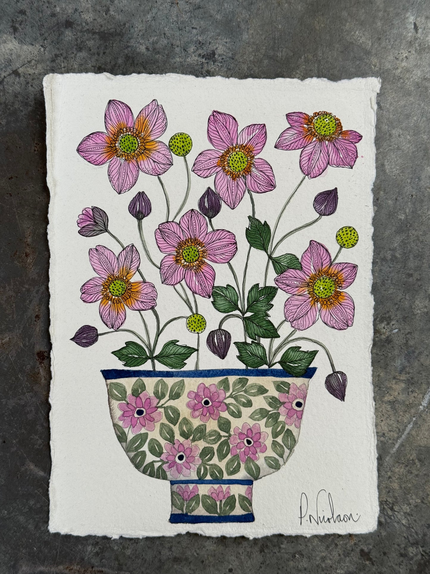 Original, A5 watercolour painting of Anemones in a floral ceramic pot.