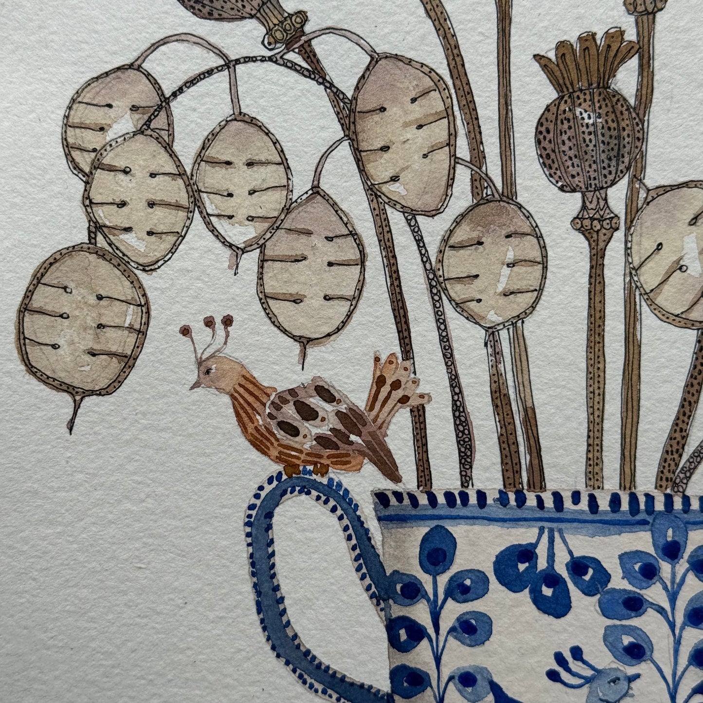 Original, Watercolour & Ink dried Seed Heads in a Delft Mug.