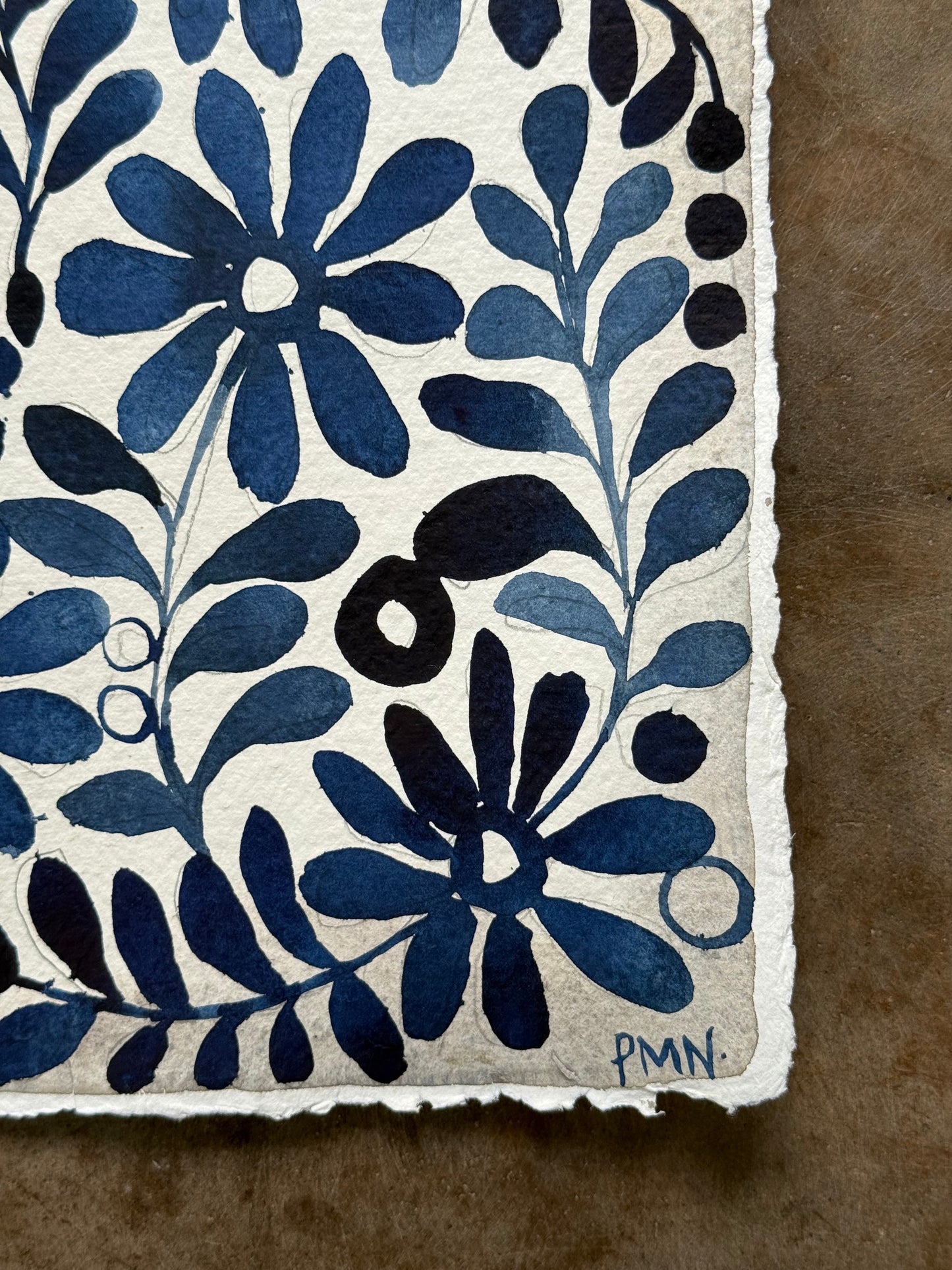 Original, A3 Blues & Indigo Flower Pattern Painting