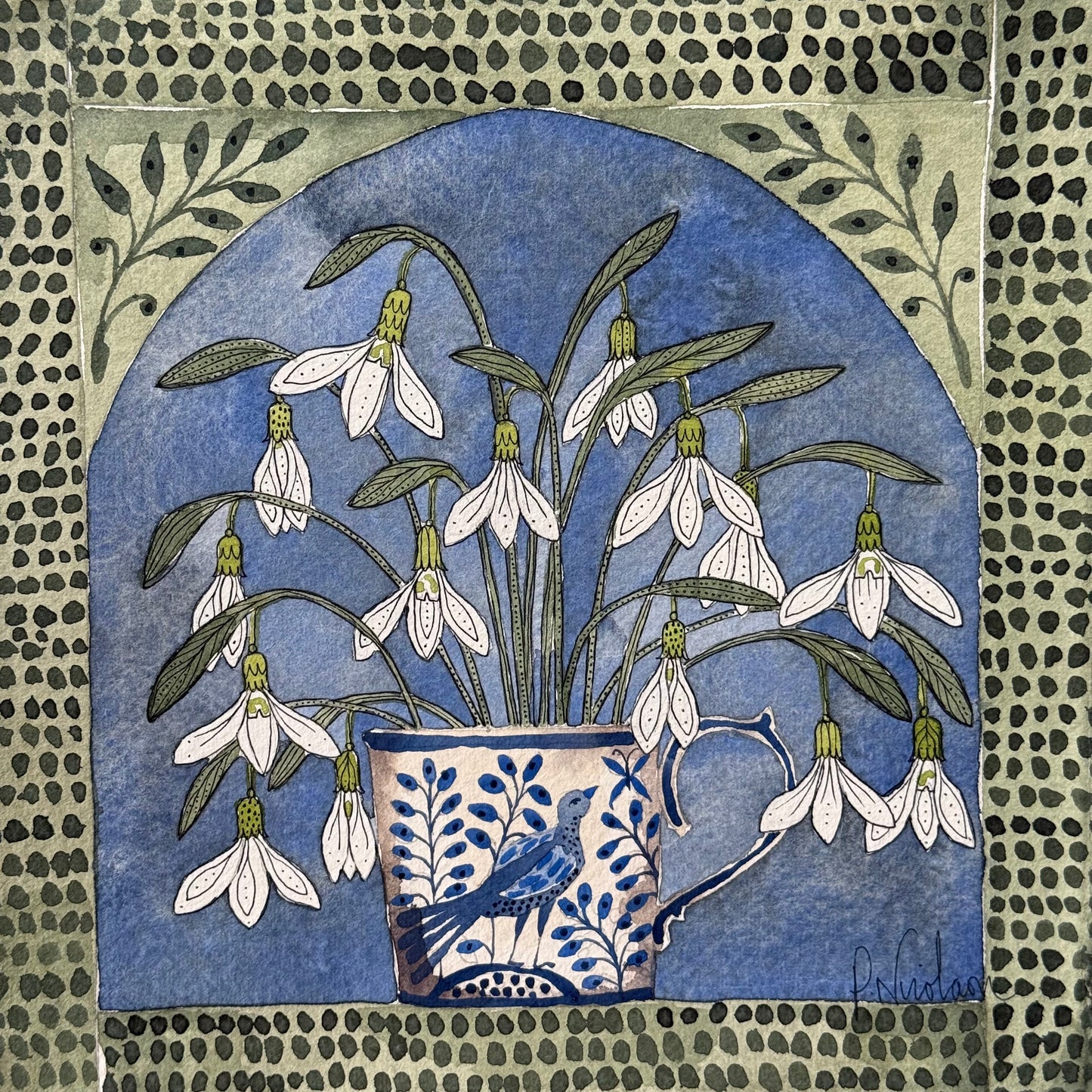 Original, Watercolour Painting of Snowdrops in a little Delft Mug.