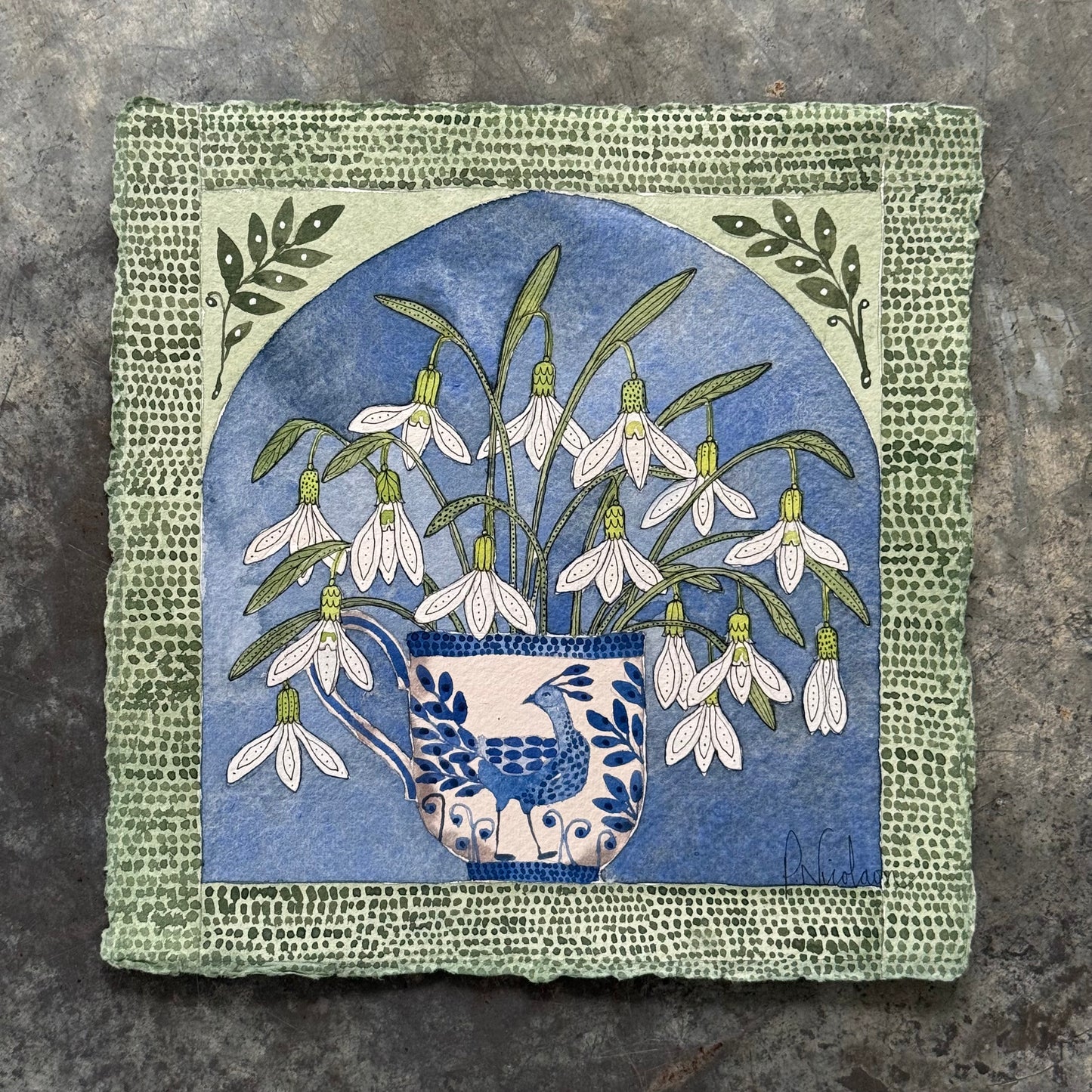 Original, Watercolour Snowdrops in a delft inspired Mug.