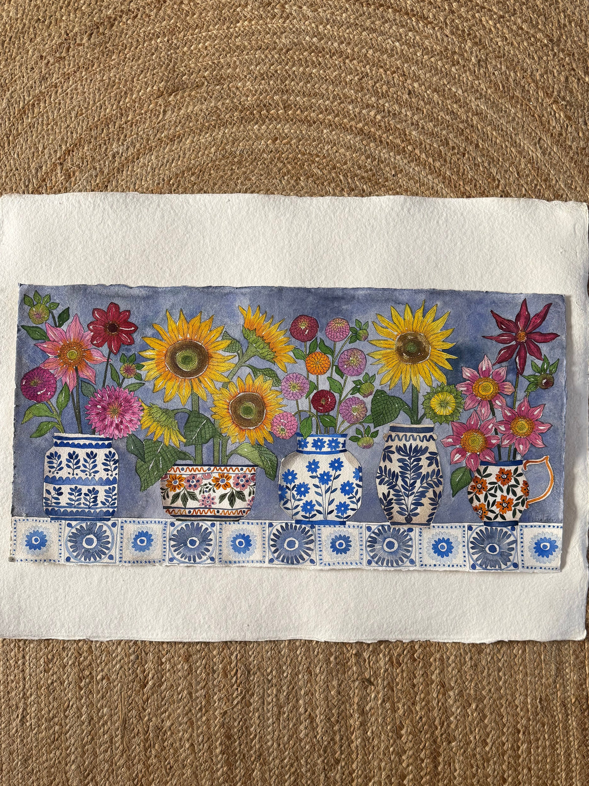 Extra Large Watercolour & Pen Sunflowers, Dahlias & Tiles