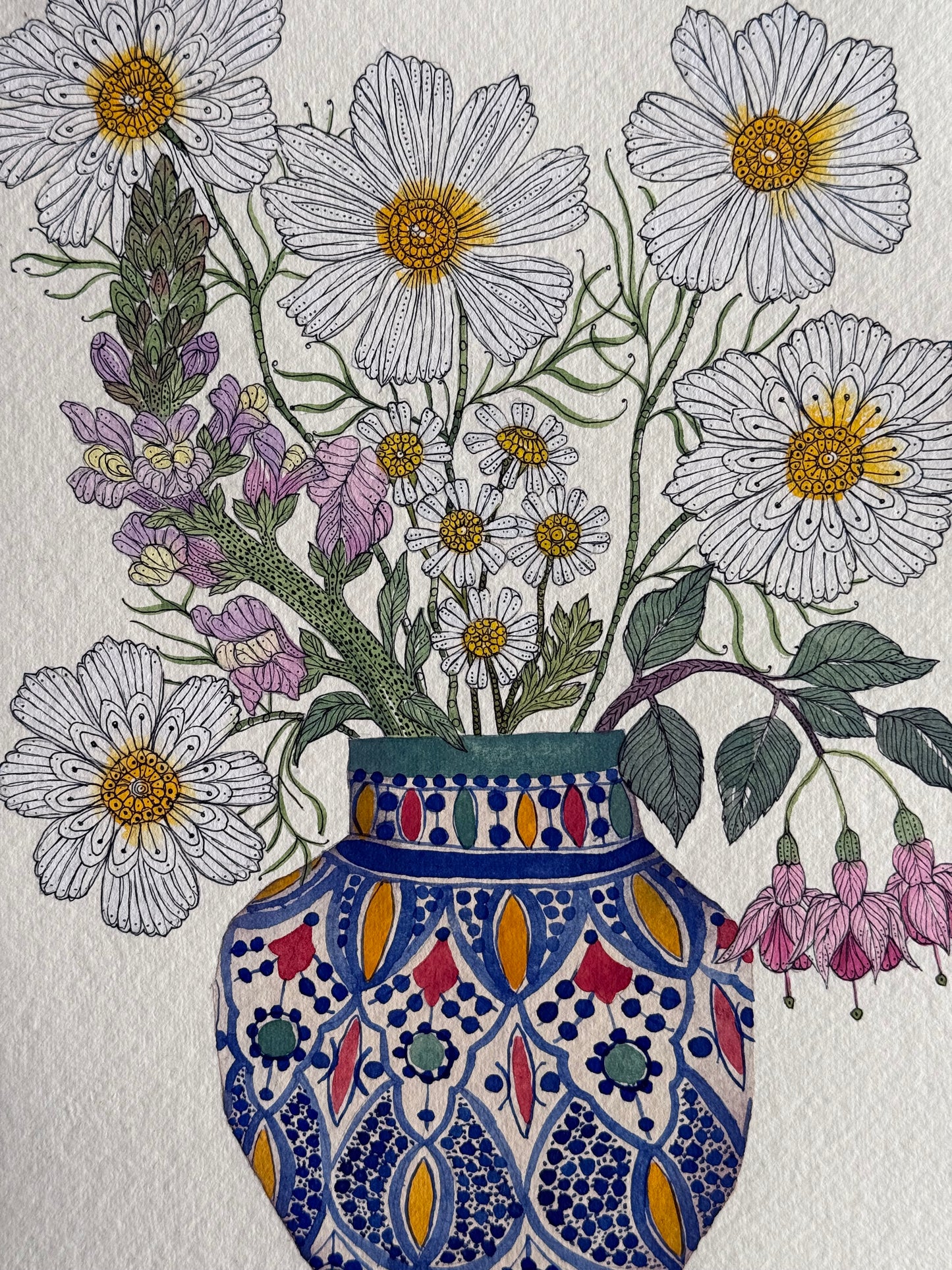 Original, A4 Watercolour Cosmos, Fuchsia, Daisies & a Snapdragon Flower in a Patterned Vase