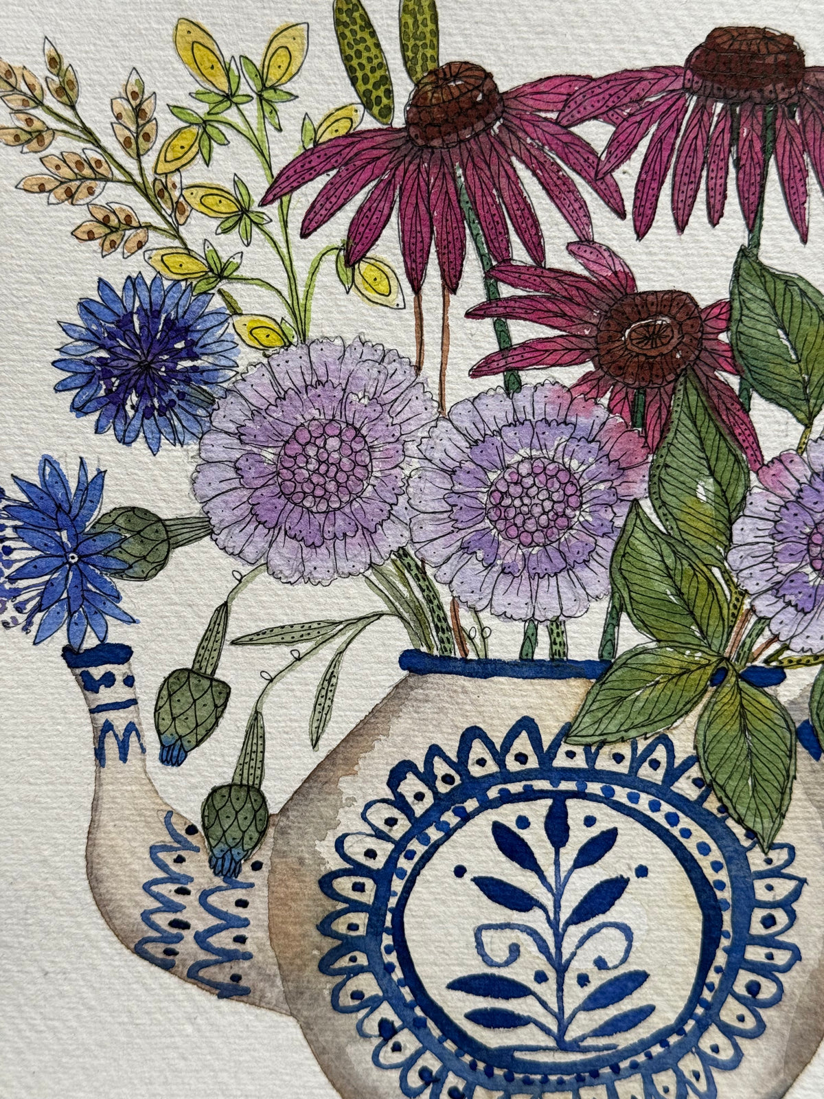 Original Watercolour & Pen Summer Flowers in a Teapot