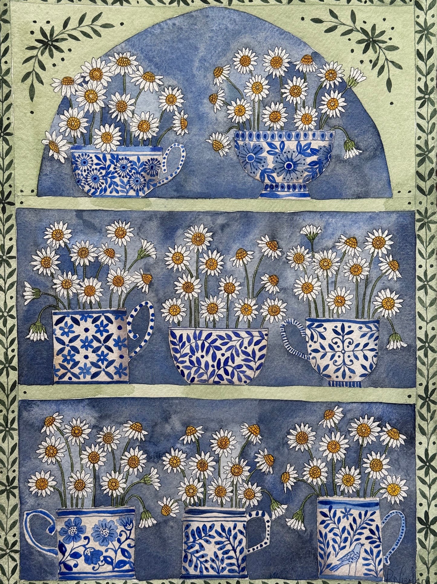 Original, A3 Watercolor painting of Daisy flowers in delftware.