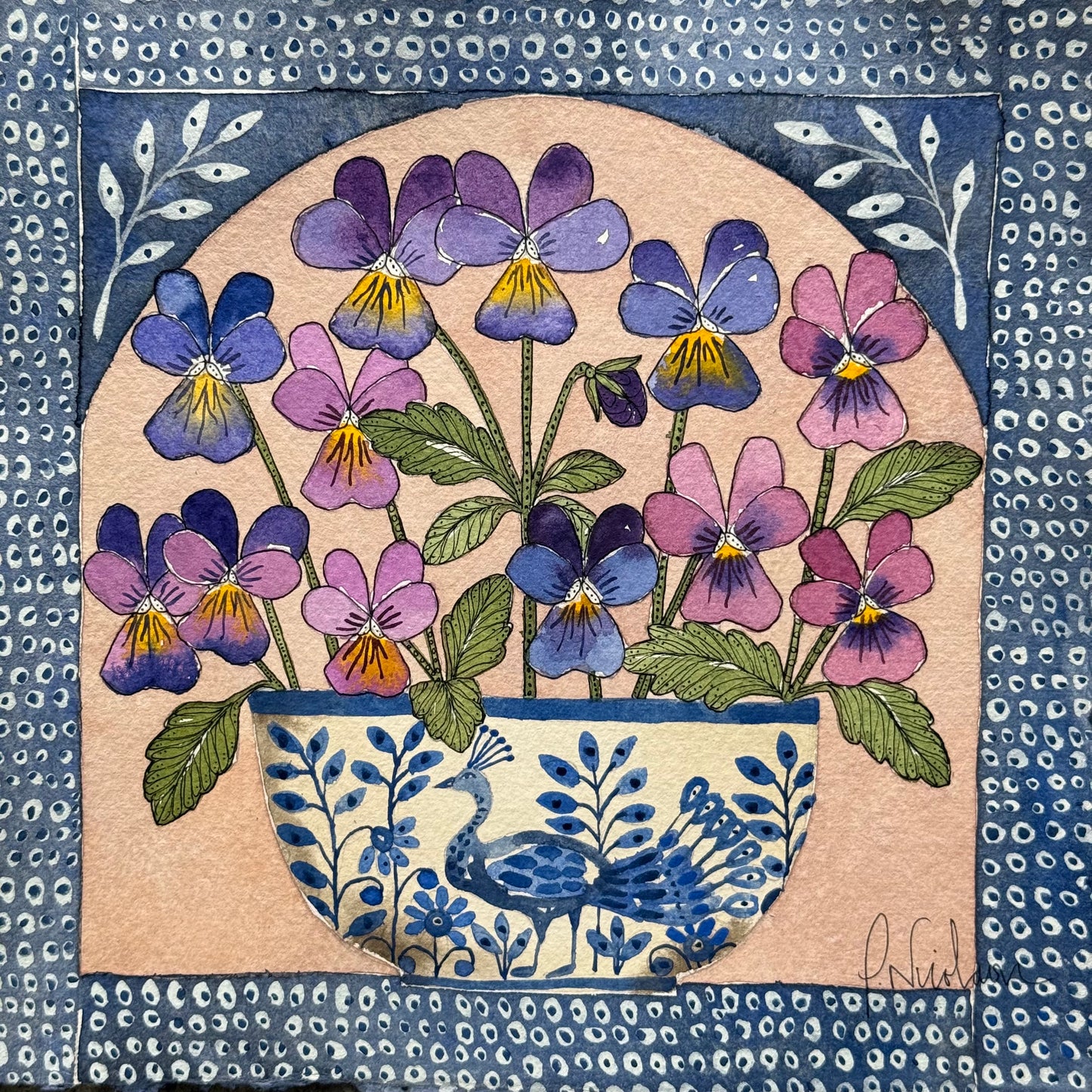 Original, Watercolour Painting of Violas in a Delft Vessel.