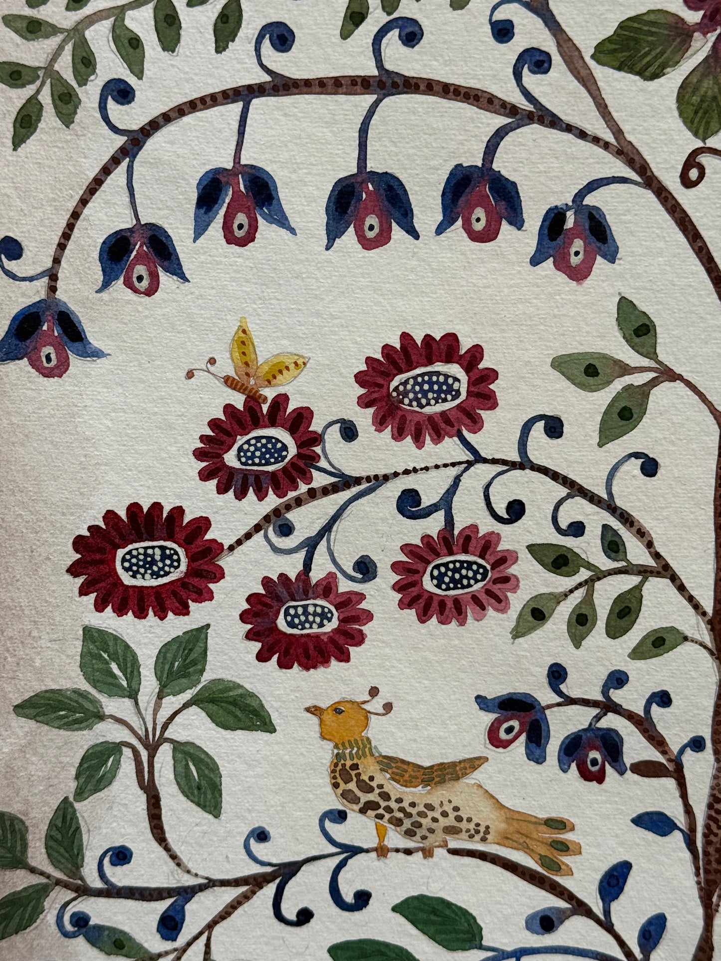Original, Tall, Watercolour Floral & Bird Pattern Piece