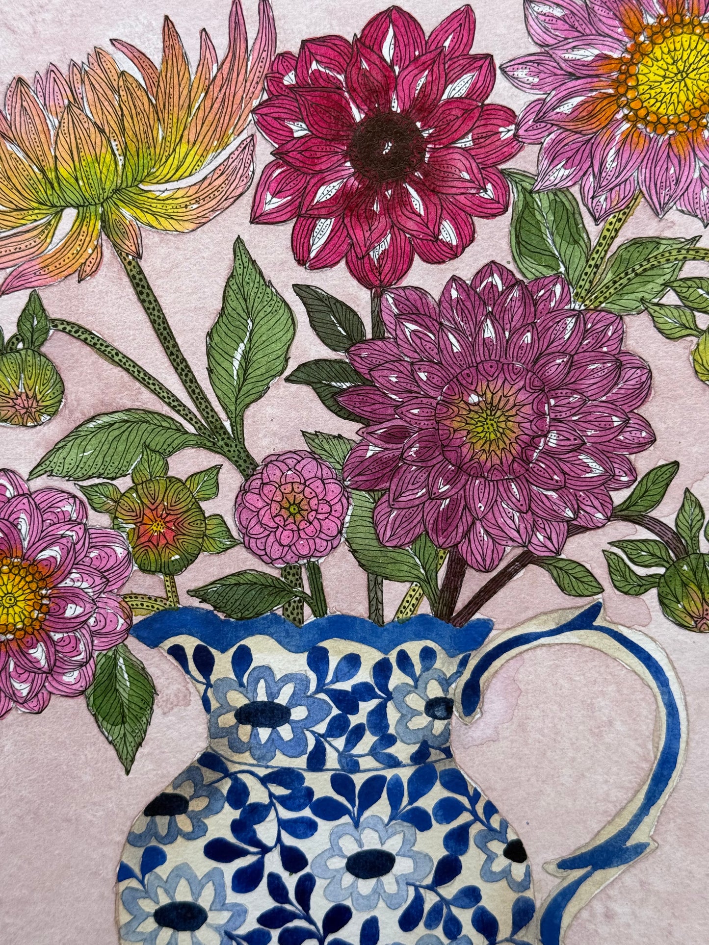 Original, A4 Watercolour painting of Dahlias in a Ceramic Vase