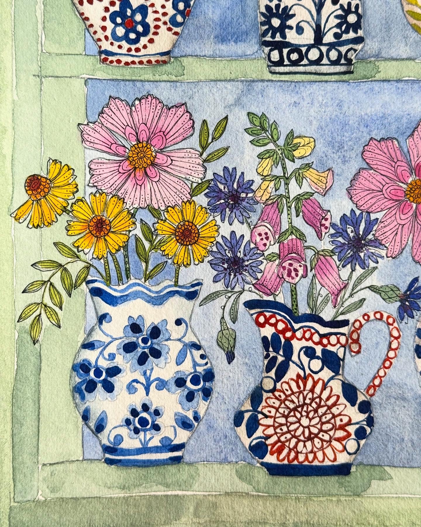Original, A4 watercolour painting of Cosmos & Helenium in different ceramic Vases.