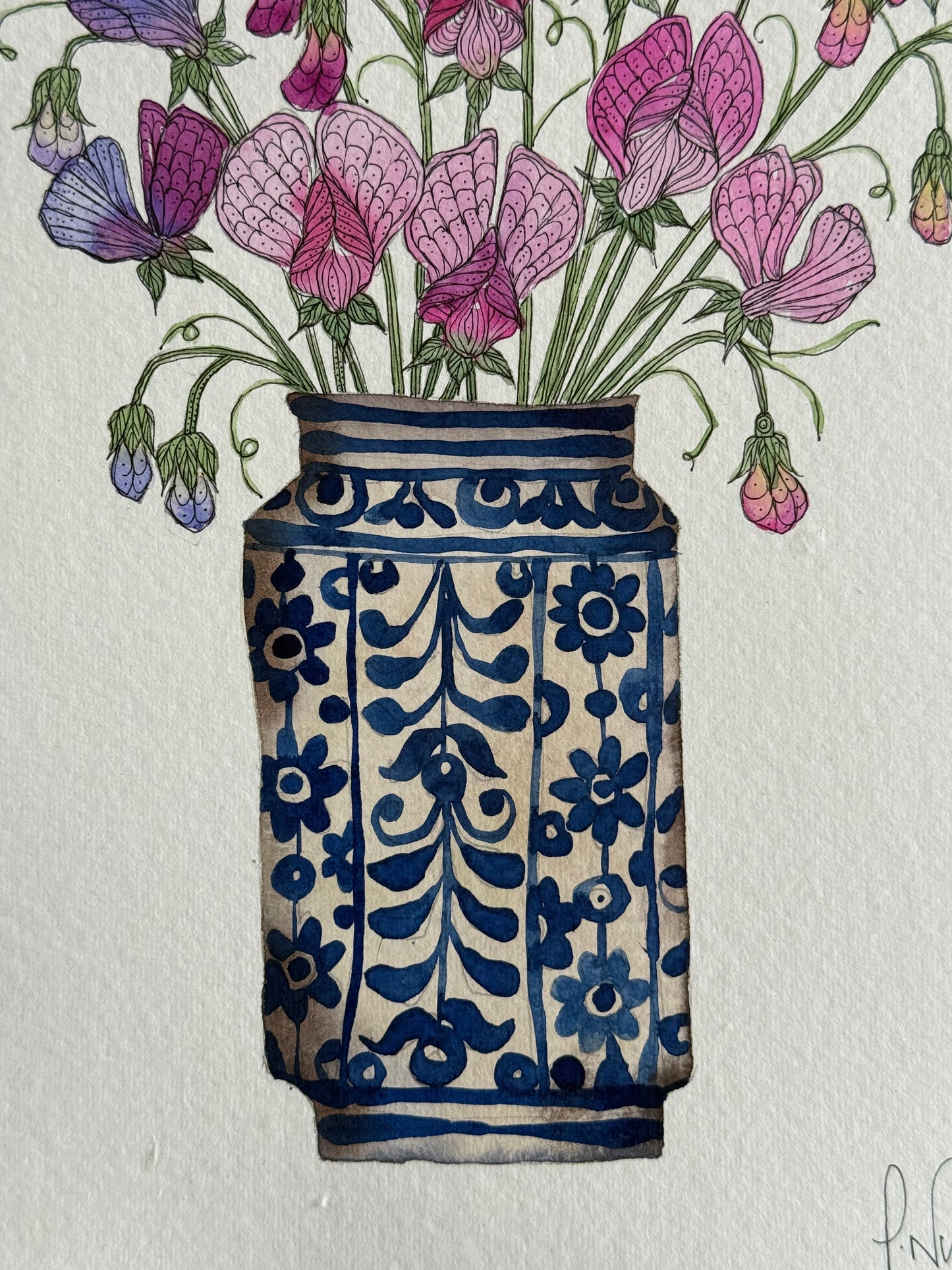 Original Watercolour Painting of Sweetpea Flowers in a Vase