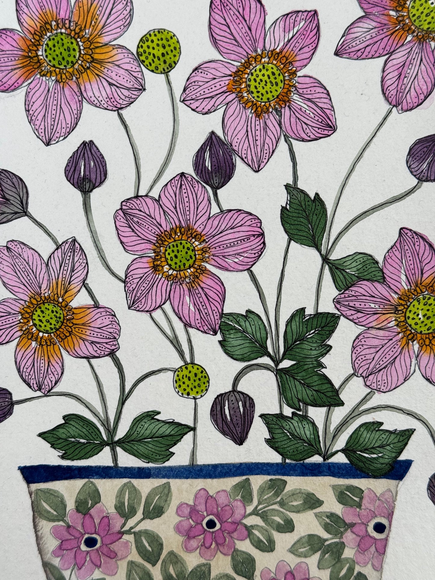 Original, A5 watercolour painting of Anemones in a floral ceramic pot.