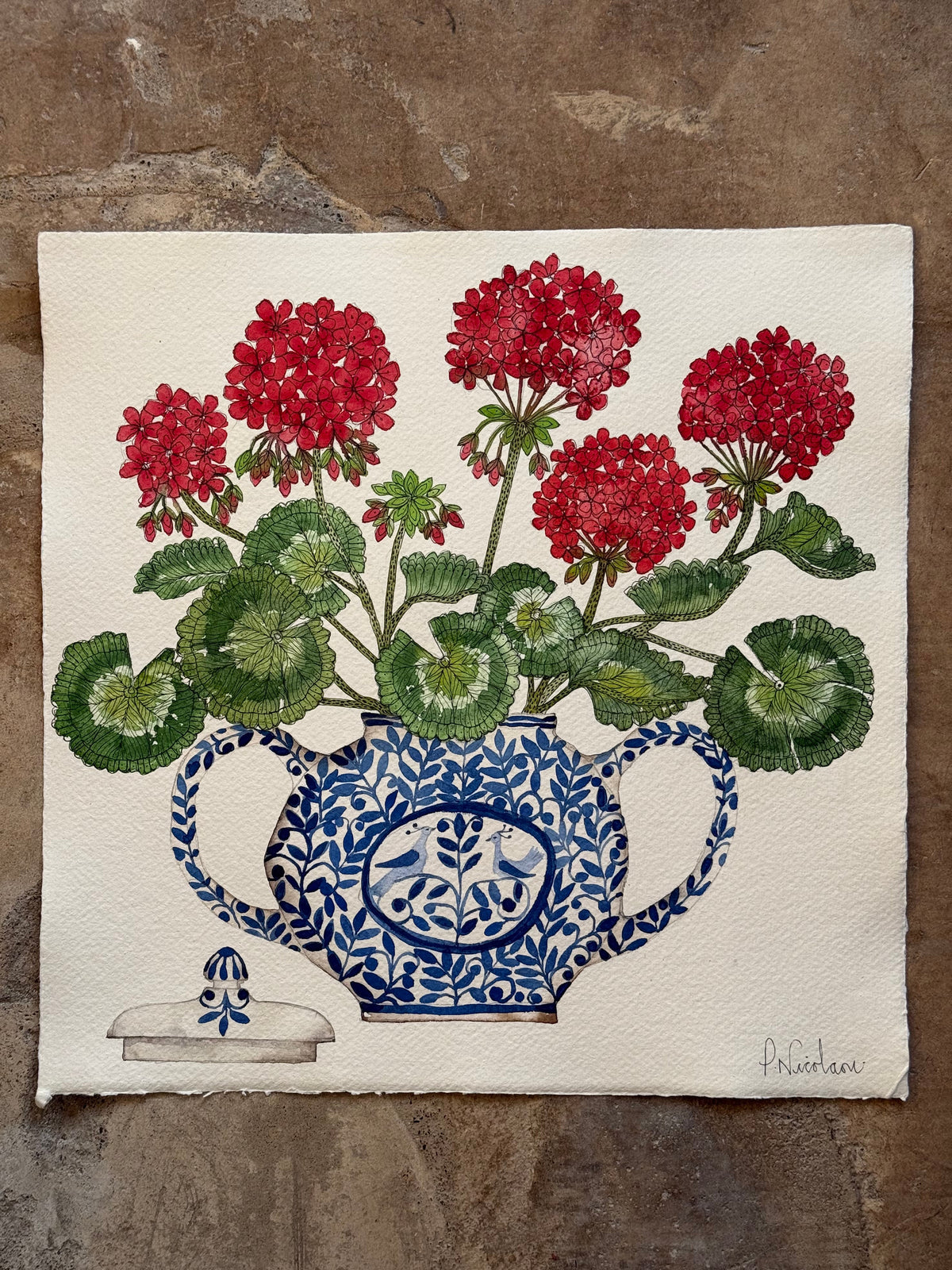 Large, Original Watercolour Geraniums in a Vintage Pot.