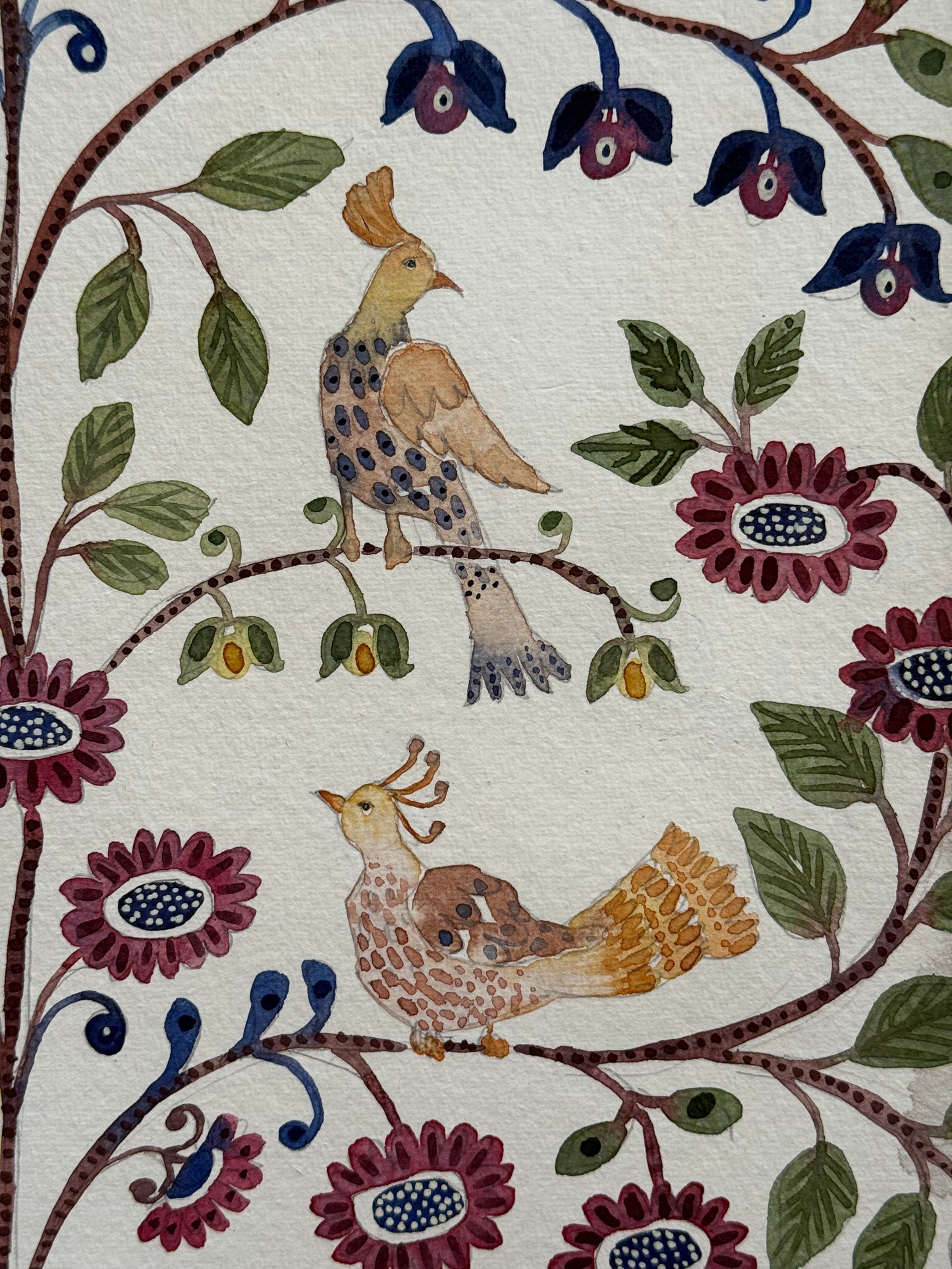 Original, Tall, Watercolour Floral & Bird Pattern Piece