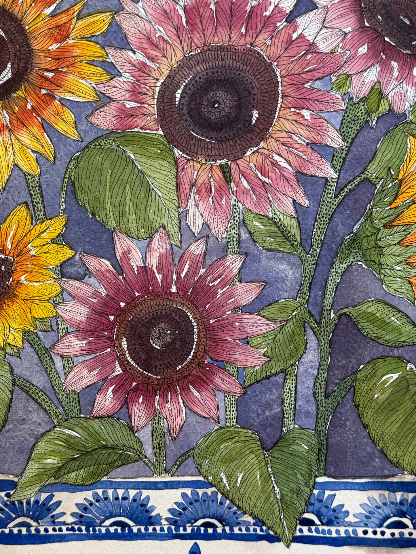 A3, Original Watercolour Sunflowers in a Delft Inspired Vessel.