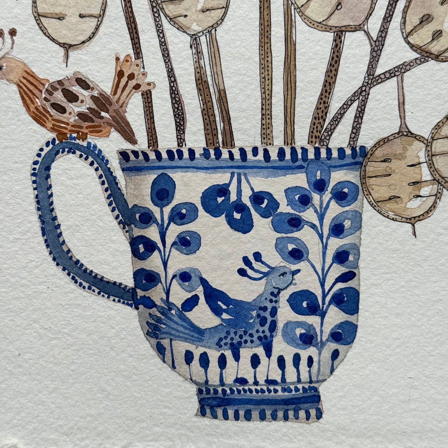 Original, Watercolour & Ink dried Seed Heads in a Delft Mug.
