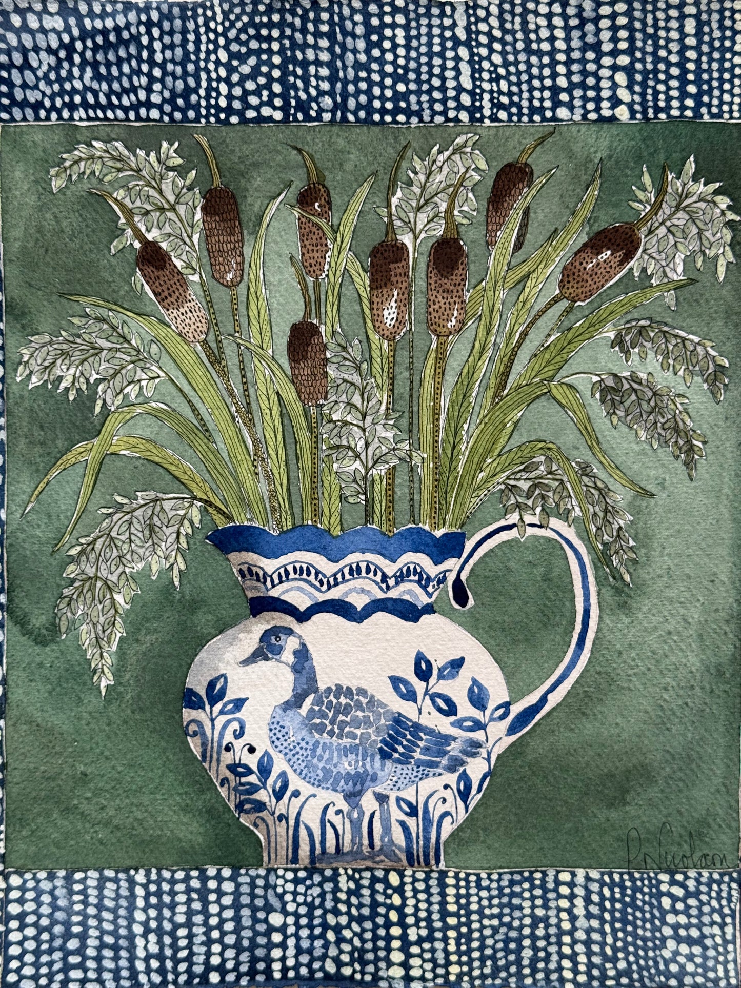 Original, watercolour & Ink Bulrushes and Reads in a delft inspired Jug