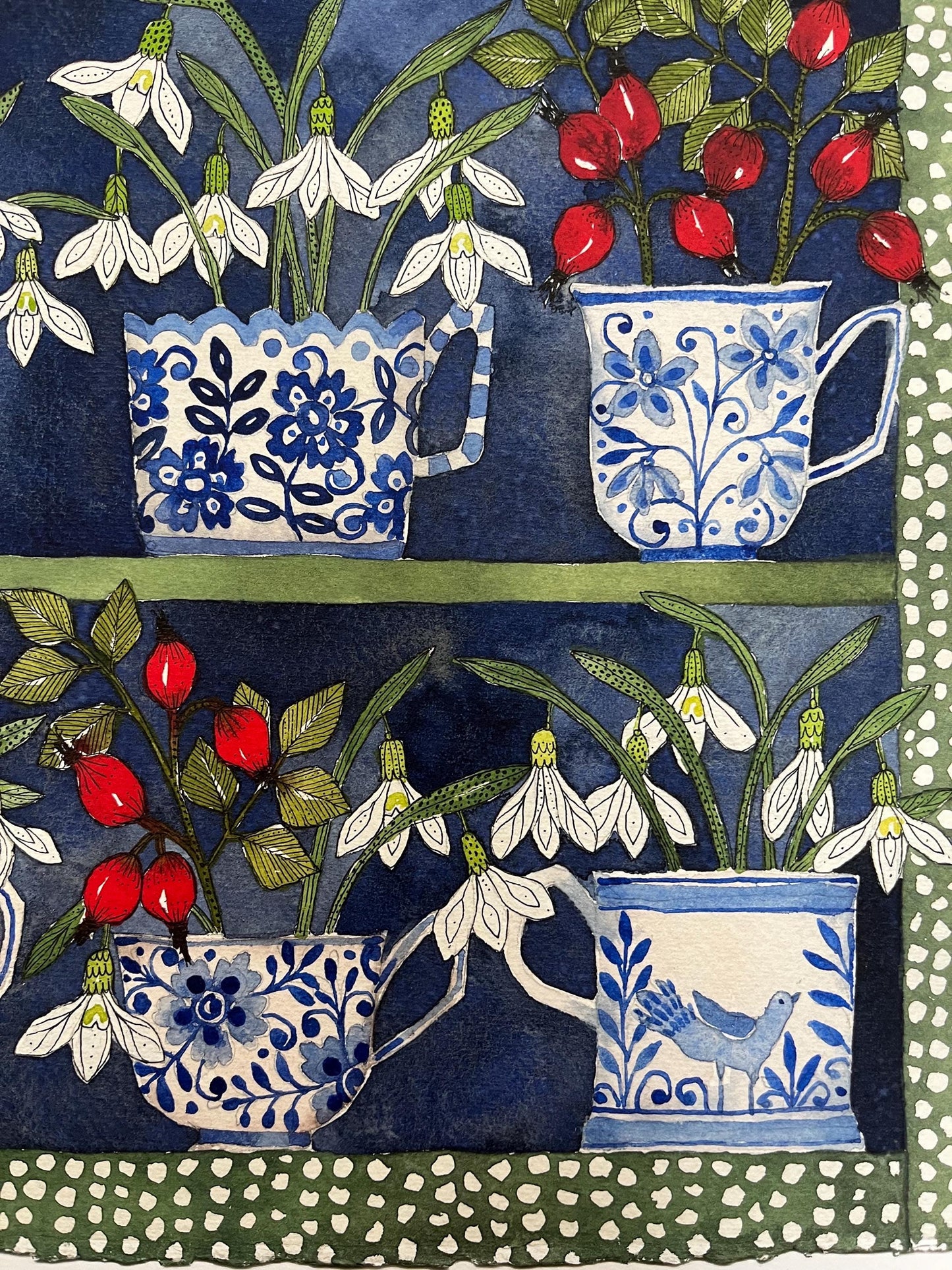 A3, giclee print of watercolour and ink snowdrops & Rosehips in delftware, ceramic teacups displayed in a patterned plant Theatre.