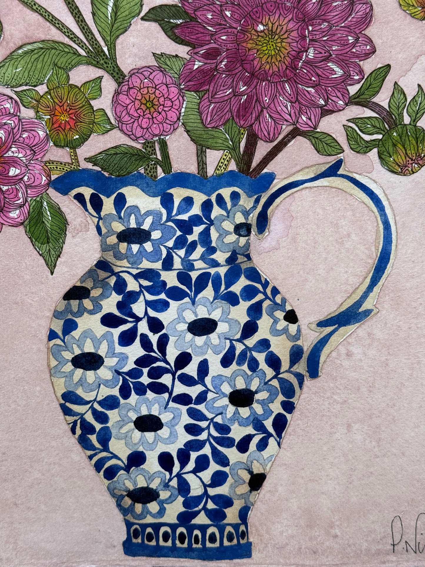 Original, A4 Watercolour painting of Dahlias in a Ceramic Vase
