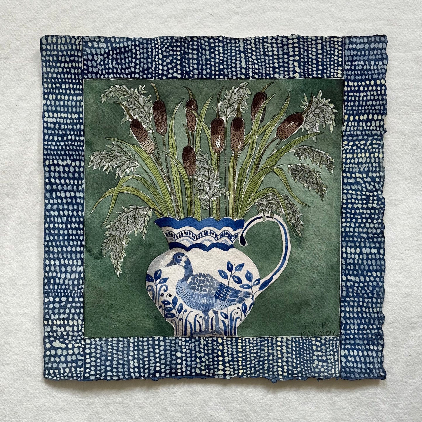 Original, watercolour & Ink Bulrushes and Reads in a delft inspired Jug