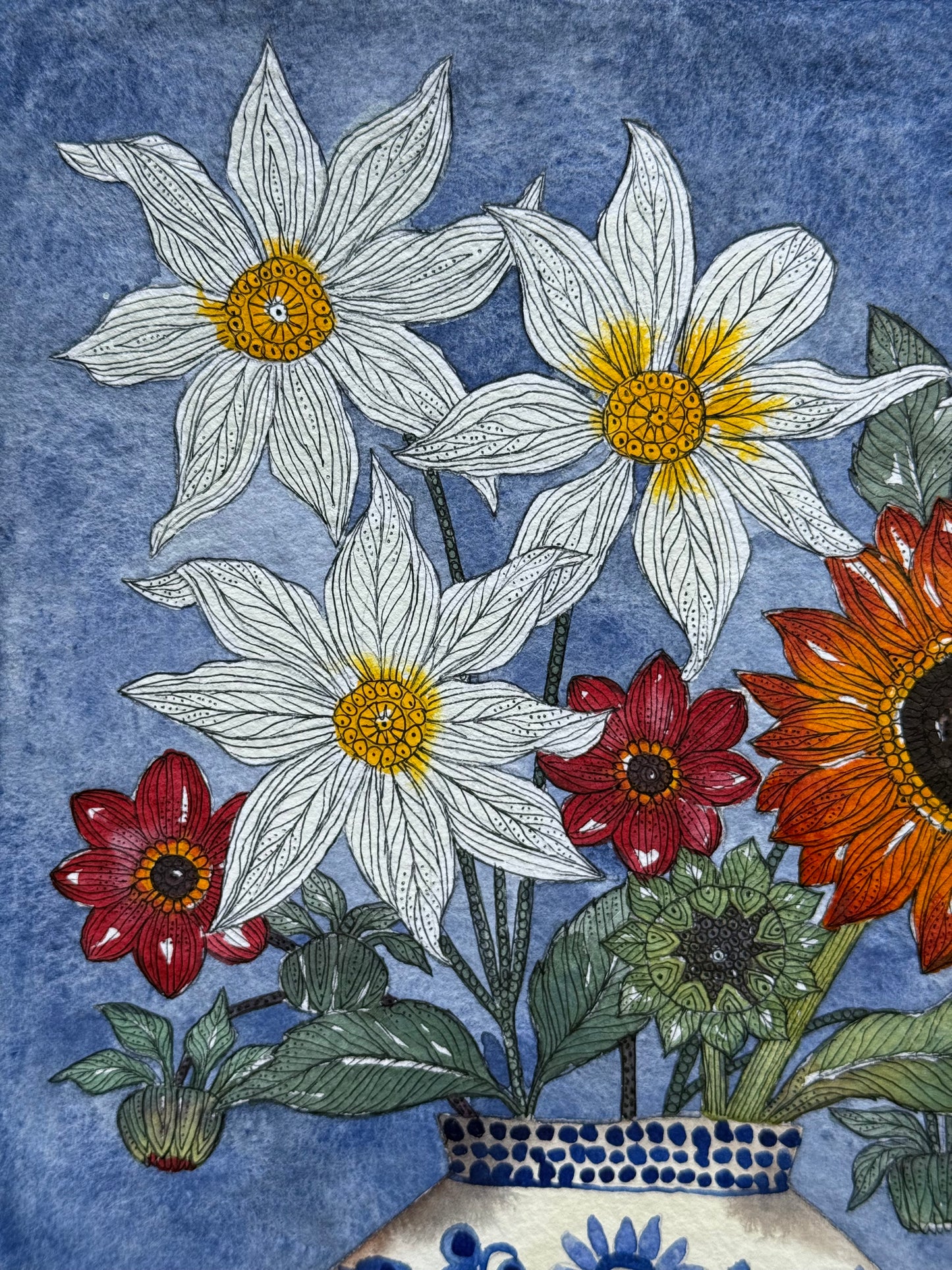 Original, A4 Watercolour Dahlias and a Sunflower in a Delft inspired Vase