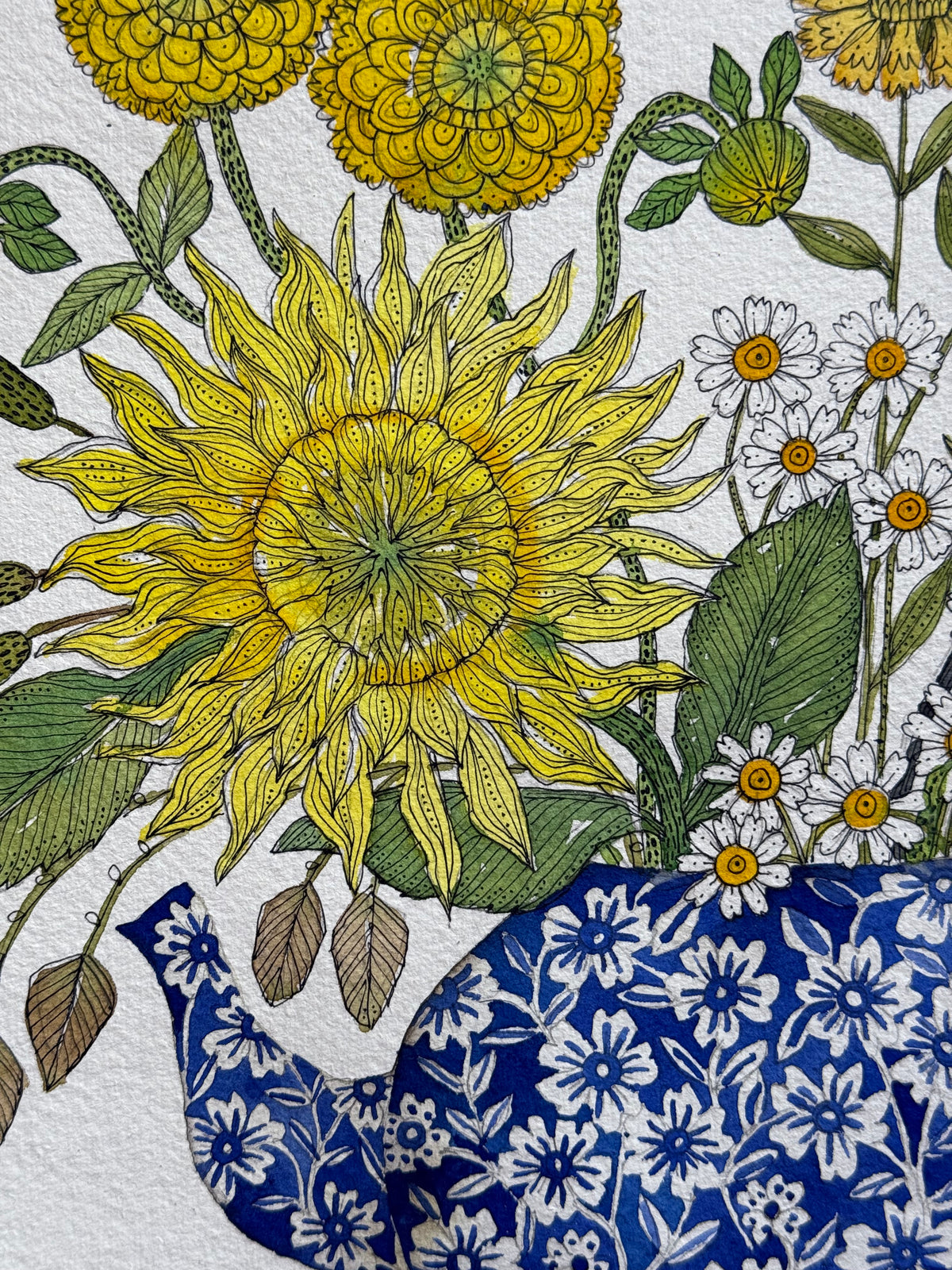 Large, Original, Watercolour Yellow Flowers in a Burleigh Teapot