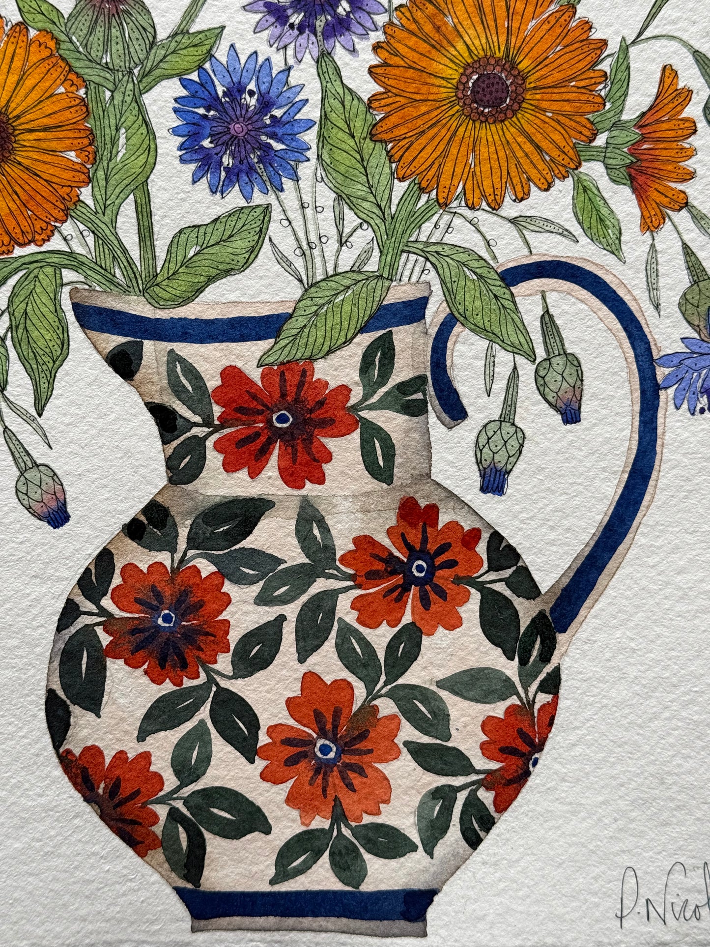 A4, Original Watercolour Calendulas & Cornflowers.