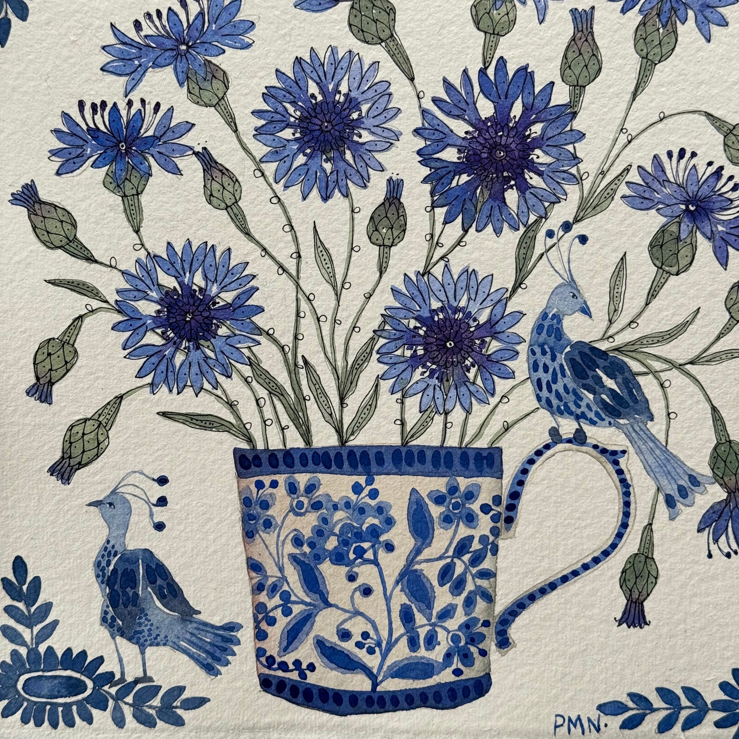 Original, Watercolour Cornflowers and Little Delft Birds.