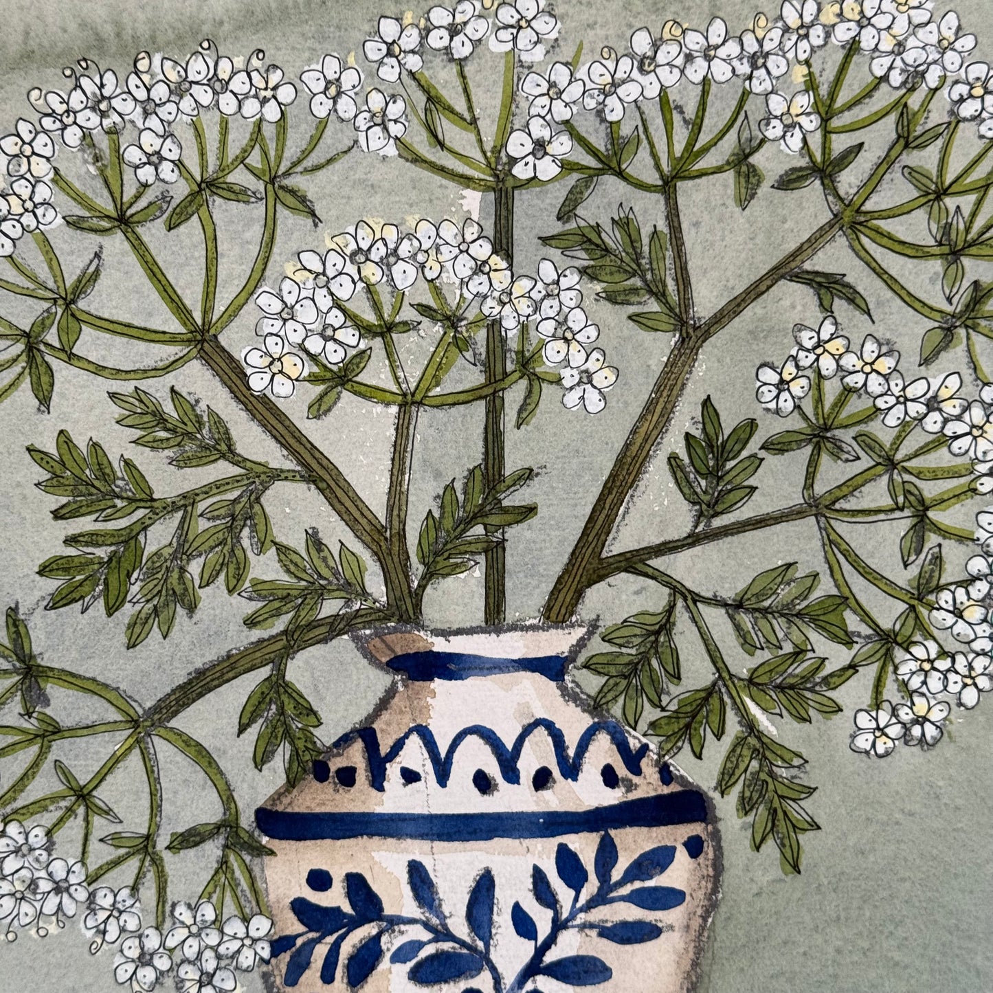 Original Watercolour & Pen Cow Parsley in a vintage Pot