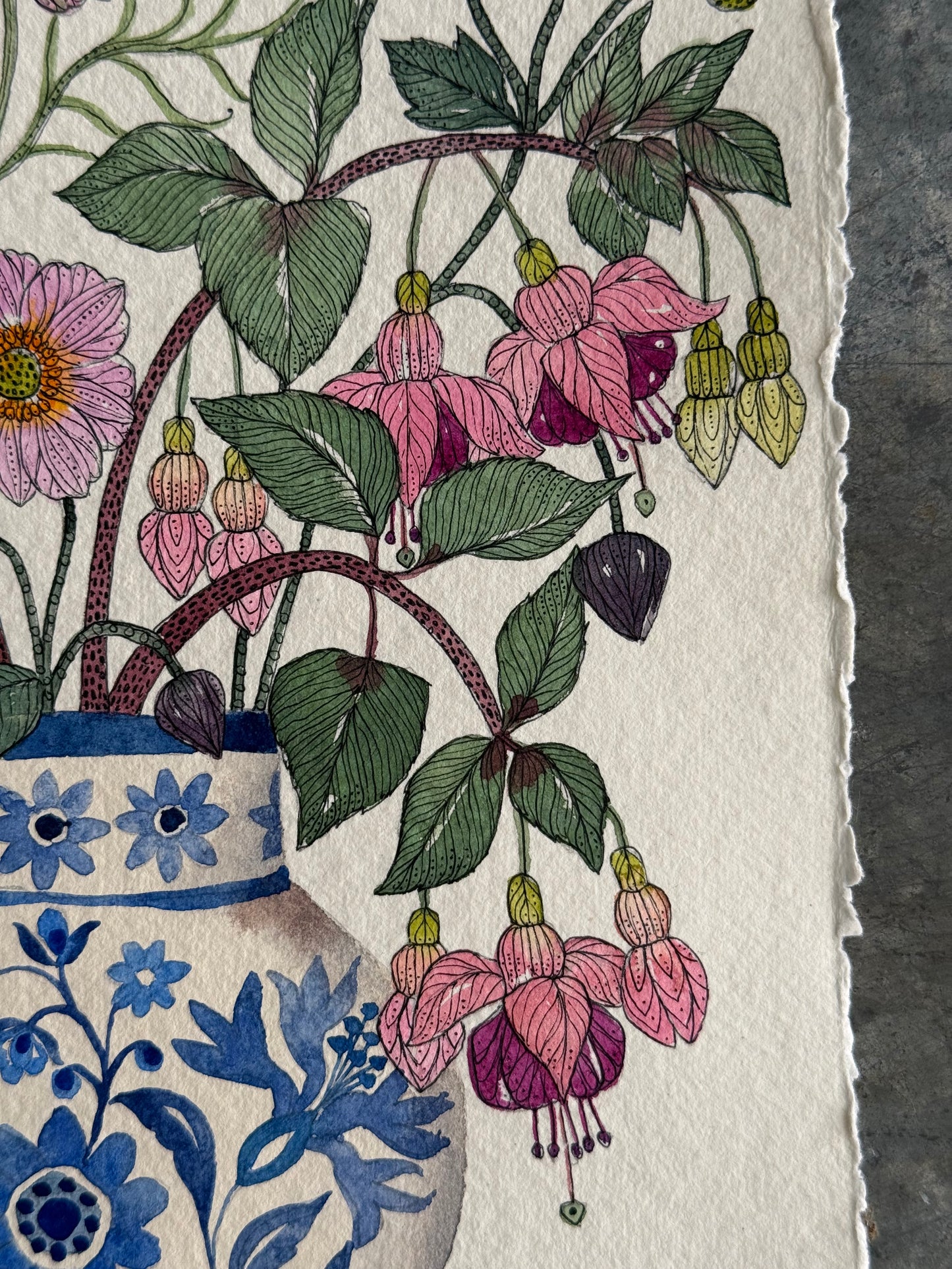 Original, A4 watercolour Cosmos, Fuchsia & Anemone Flowers in a Delft Vase
