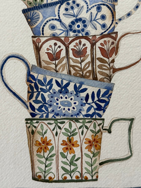 A4, Original Watercolour Stacked Teacups on Paper