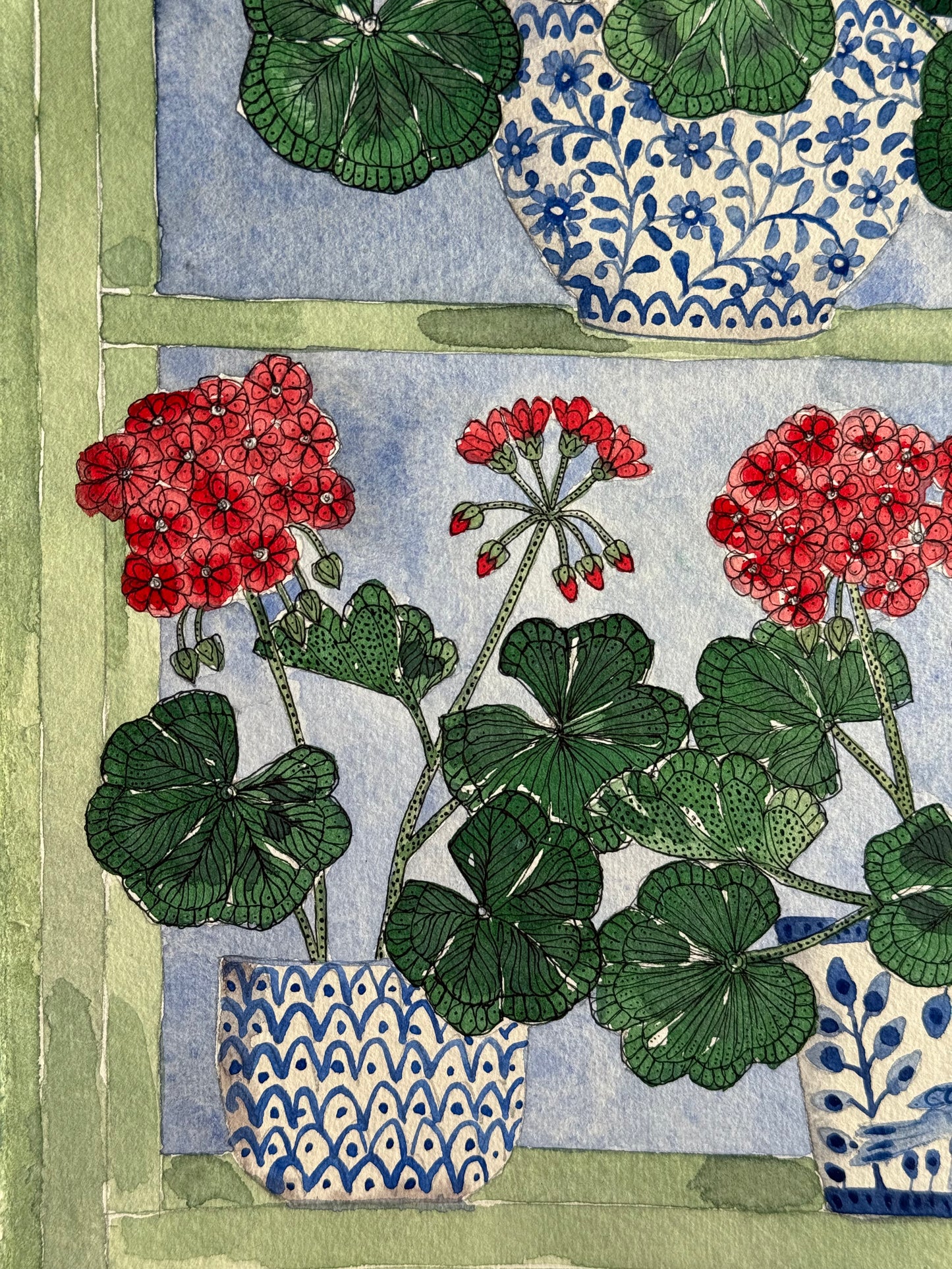 Original (A4) Geraniums on the windowsill, Watercolour Painting.