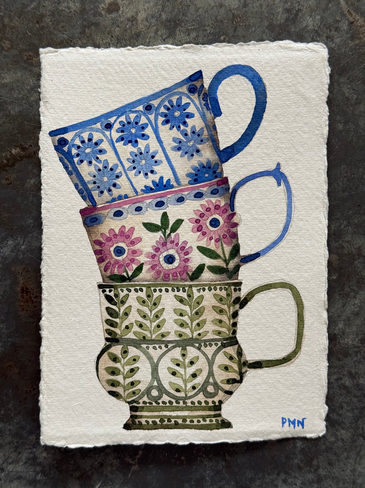 A6, Original Watercolour Stacked Teacups (C)